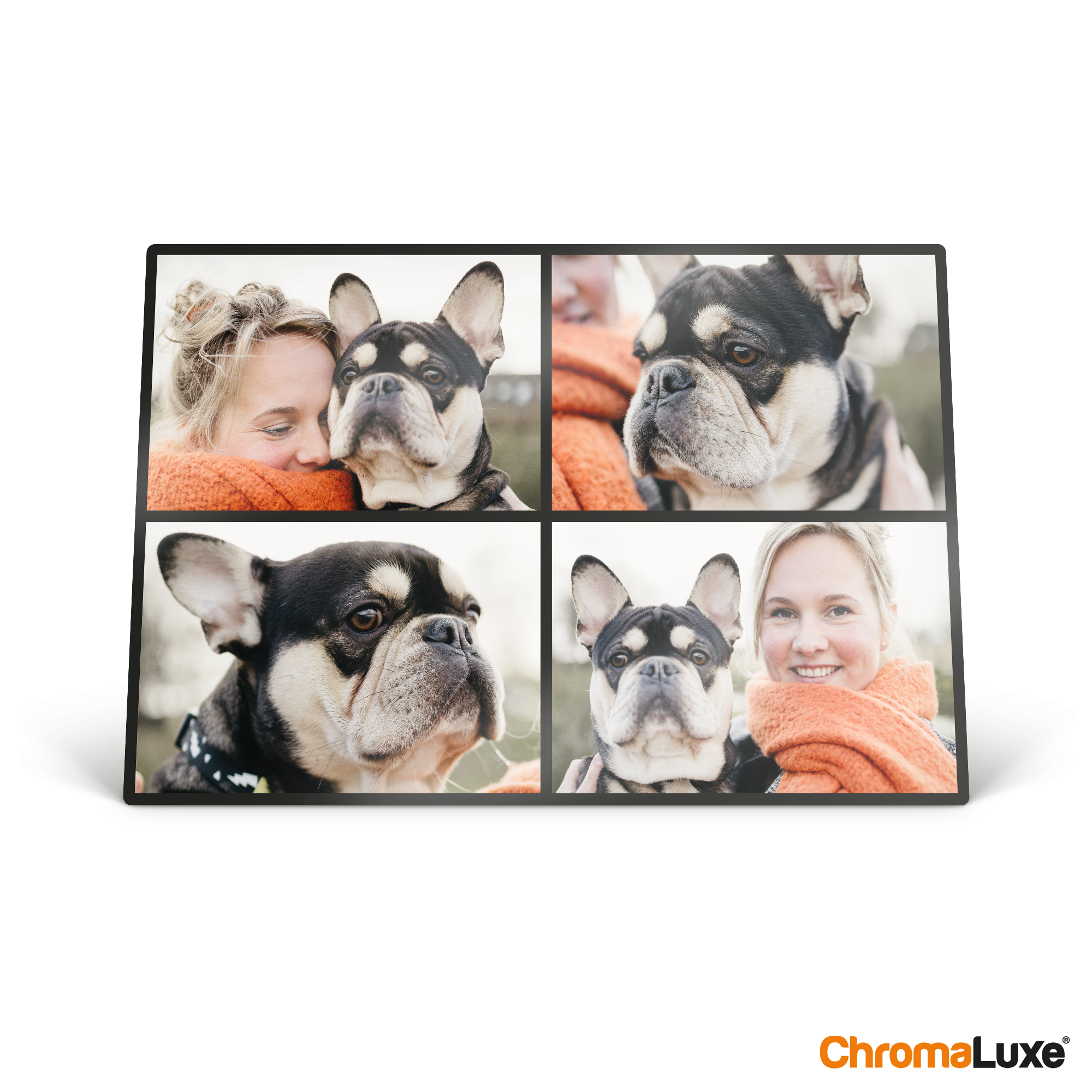 ChromaLuxe aluminium fotoram med personligt fotocollage föreställande en kvinna och hennes franska bulldog tryckt med hög glans