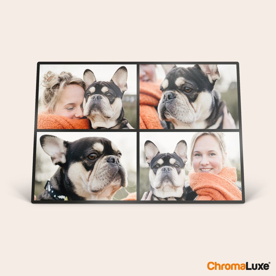 Aluminium Fotoramme med Billede ChromaLuxe aluminium fotoramme med fire personlige billeder af kvinde og hund