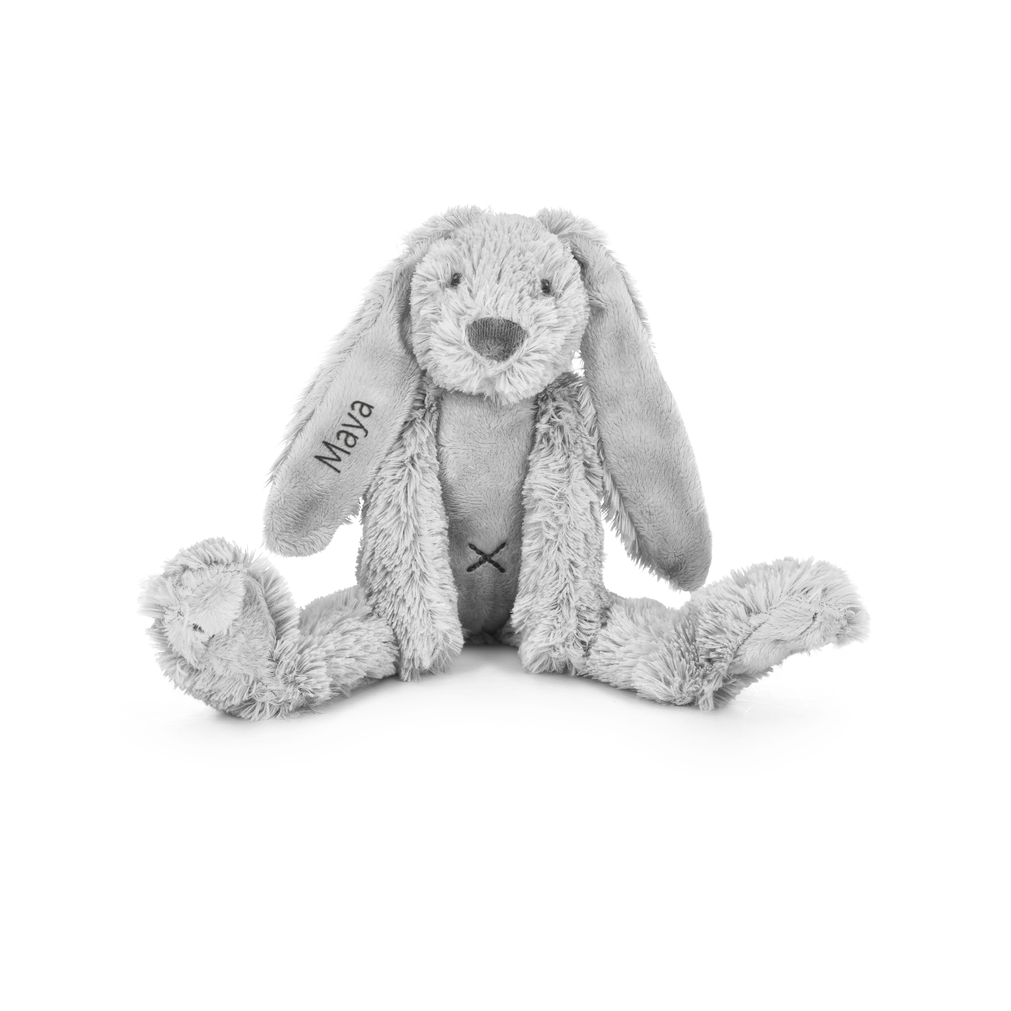 Tiny Rabbit Richie -pehmolelu, johon on kirjailtu nimi Maya vasempaan korvaan.