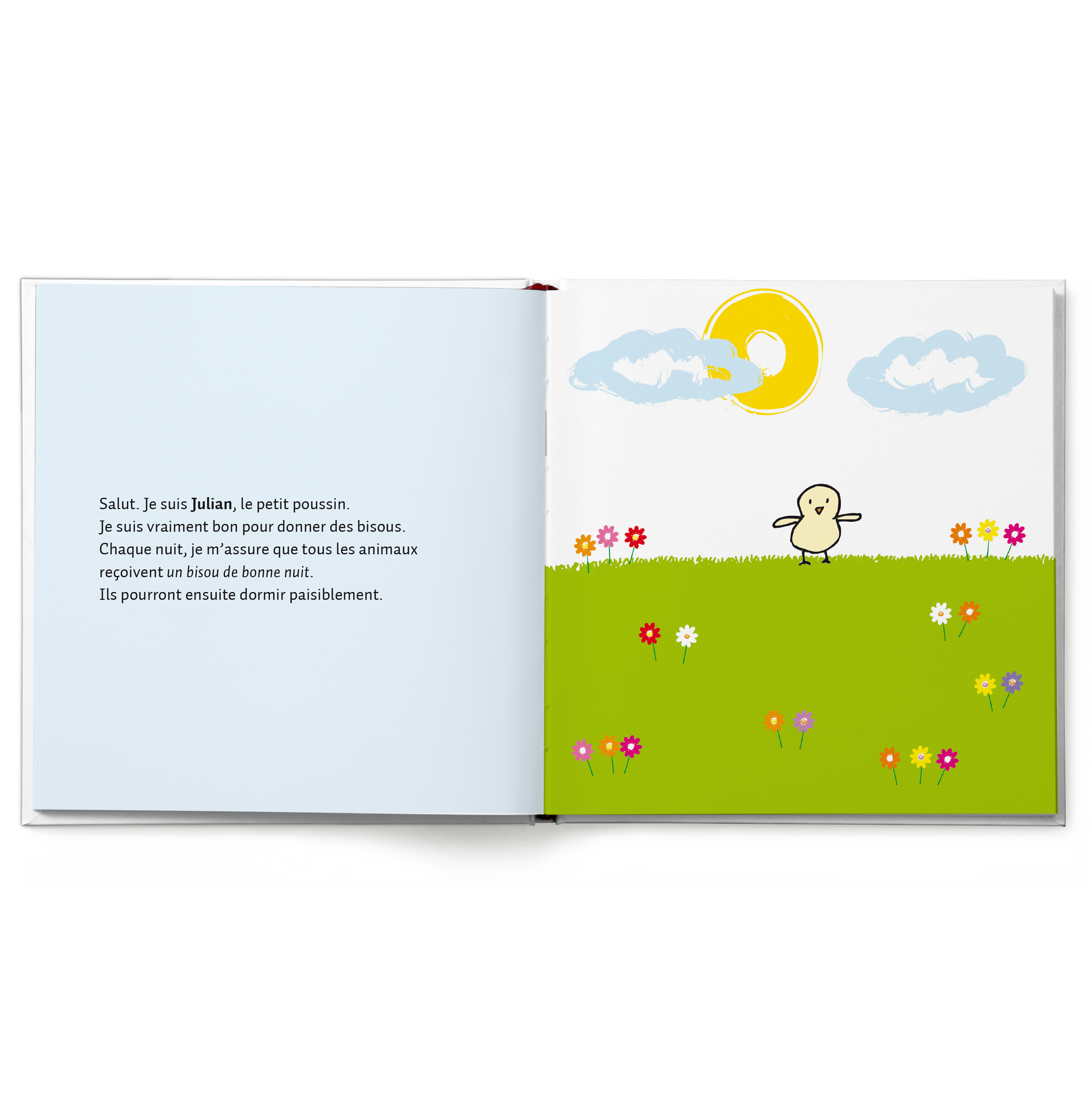 Livre personnalisé Bonne nuit une histoire douce, la page gauche avec le texte "Salut. Je suis Julian, le petit poussin." et la page droite illustrée avec un poussin dans l'herbe sous le soleil.