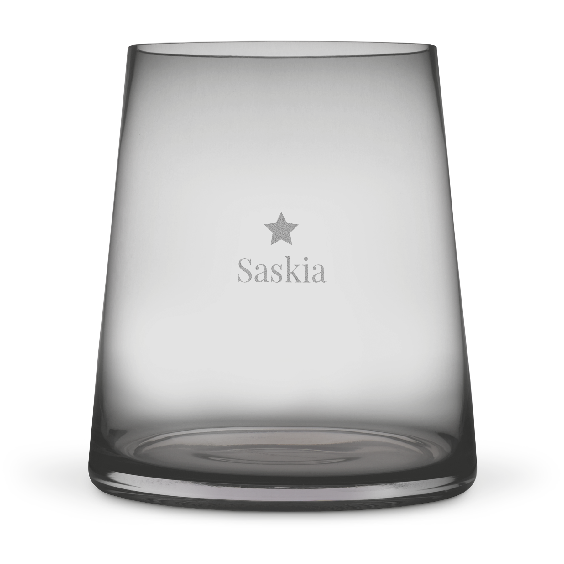 Donkergrijze gegraveerde vaas met de naam Saskia en een ster, om het huis mee op te fleuren