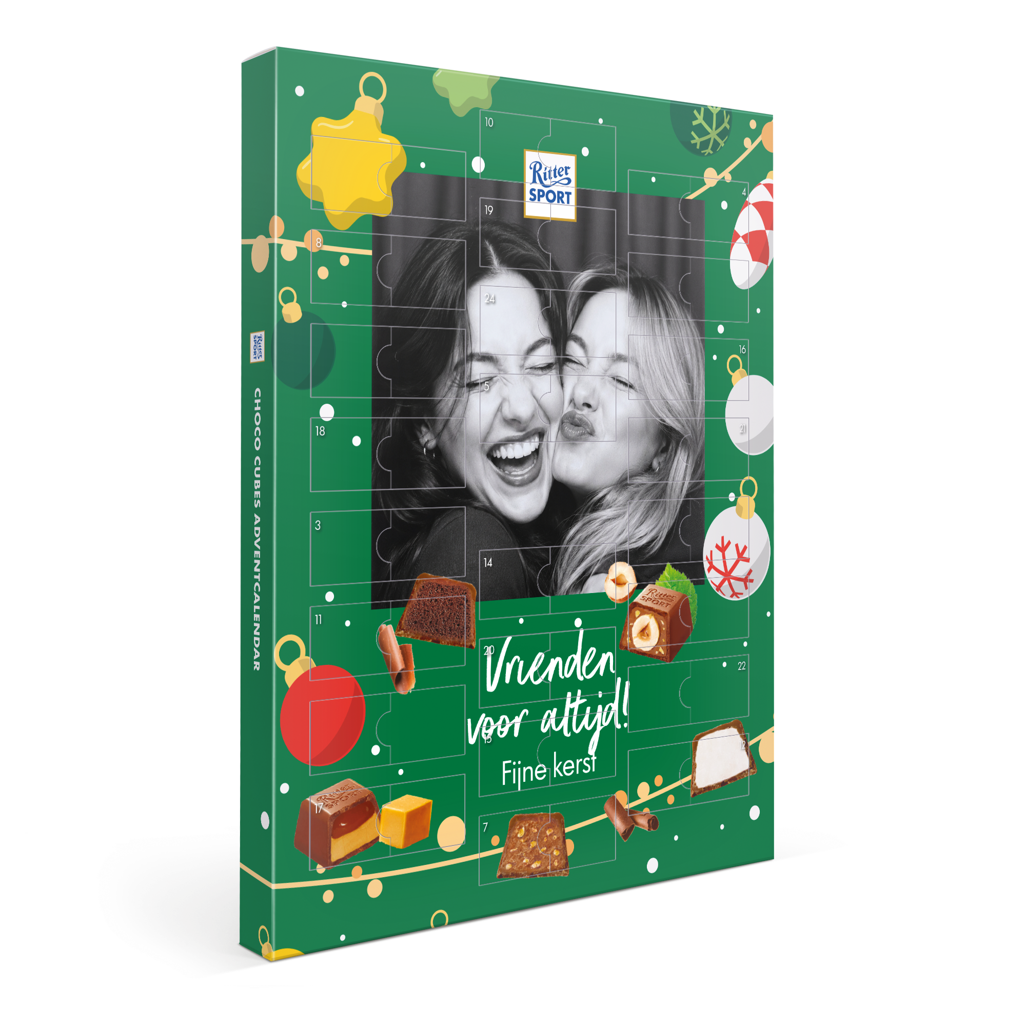 Gepersonaliseerde Ritter Sport adventskalender - Ritter Sport design bedrukt met eigen foto en tekst Vrienden voor altijd