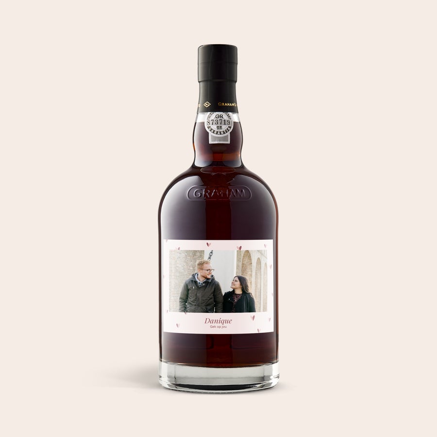 Port Graham's - The Tawny Reserve personaliseren Fles port met persoonlijk etiket bedrukt met foto van een koppel en de tekst Danique Gek op jou