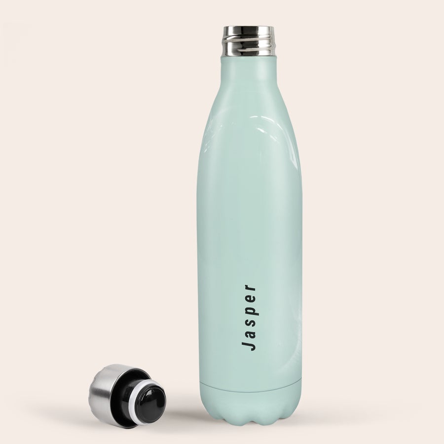 Personalised insulated water bottle Mint green personalized Thermos bottle printed with the name Jasper and a silver cap. Elevate hydration.