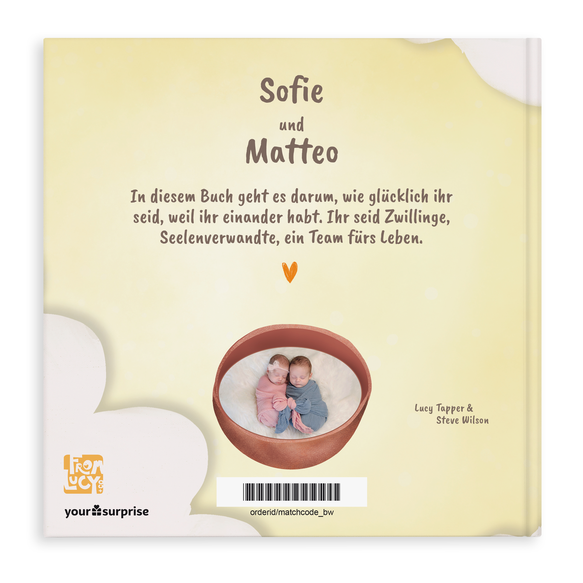 Personalisiertes Buch für Zwillinge mit Namen Sofie und Matteo, gedruckt mit einem Foto von Babys.