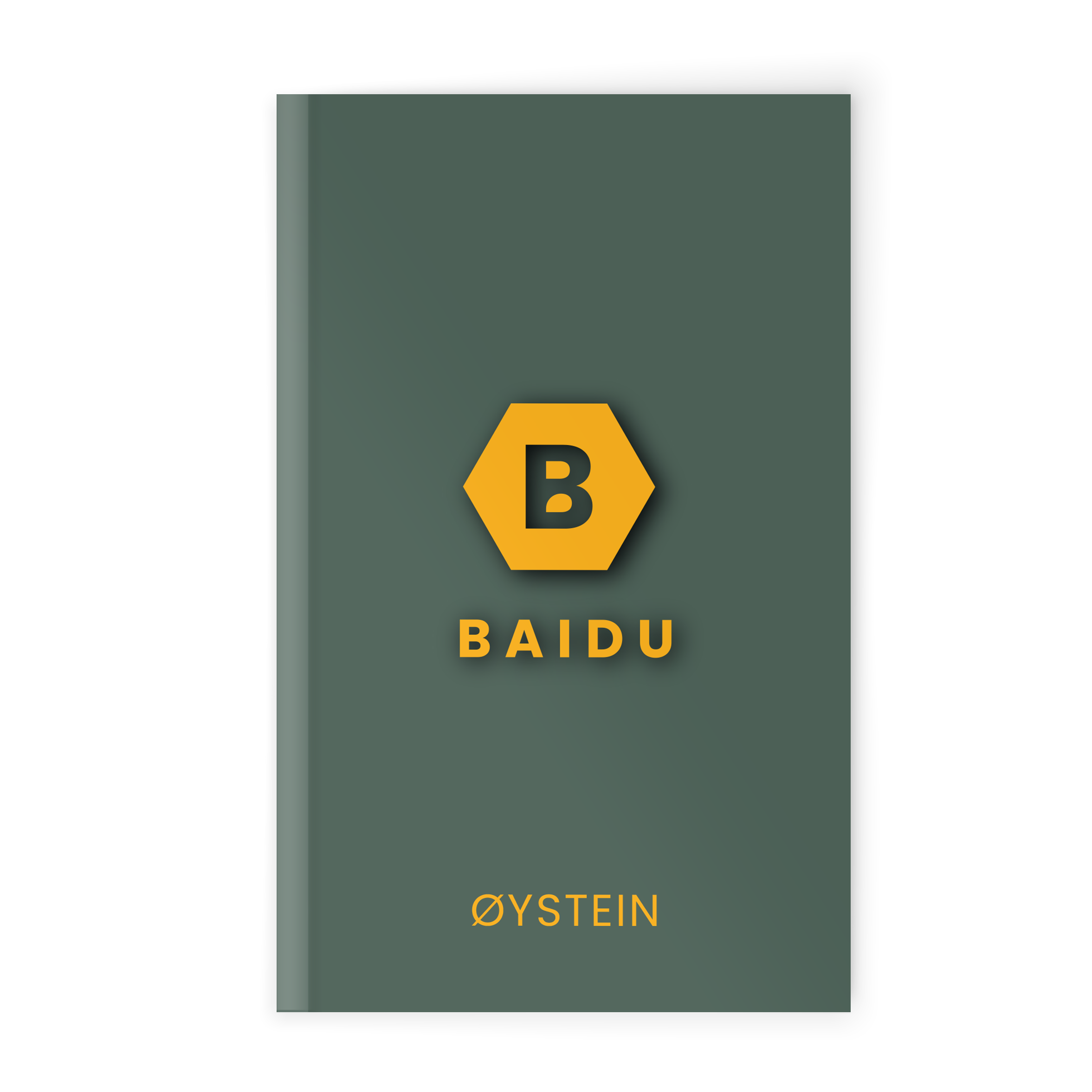 Notatbok med grønt omslag, trykt med gul logo, teksten "BAIDU" og navnet ØYSTEIN.