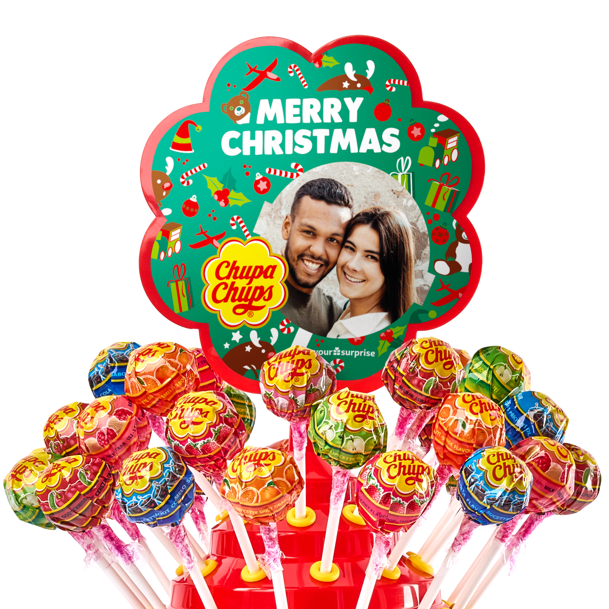 Personalisierter Chupa Chups Lutscher Ständer mit Foto eines Paares und Weihnachtsgruß Merry Christmas, bedruckt.