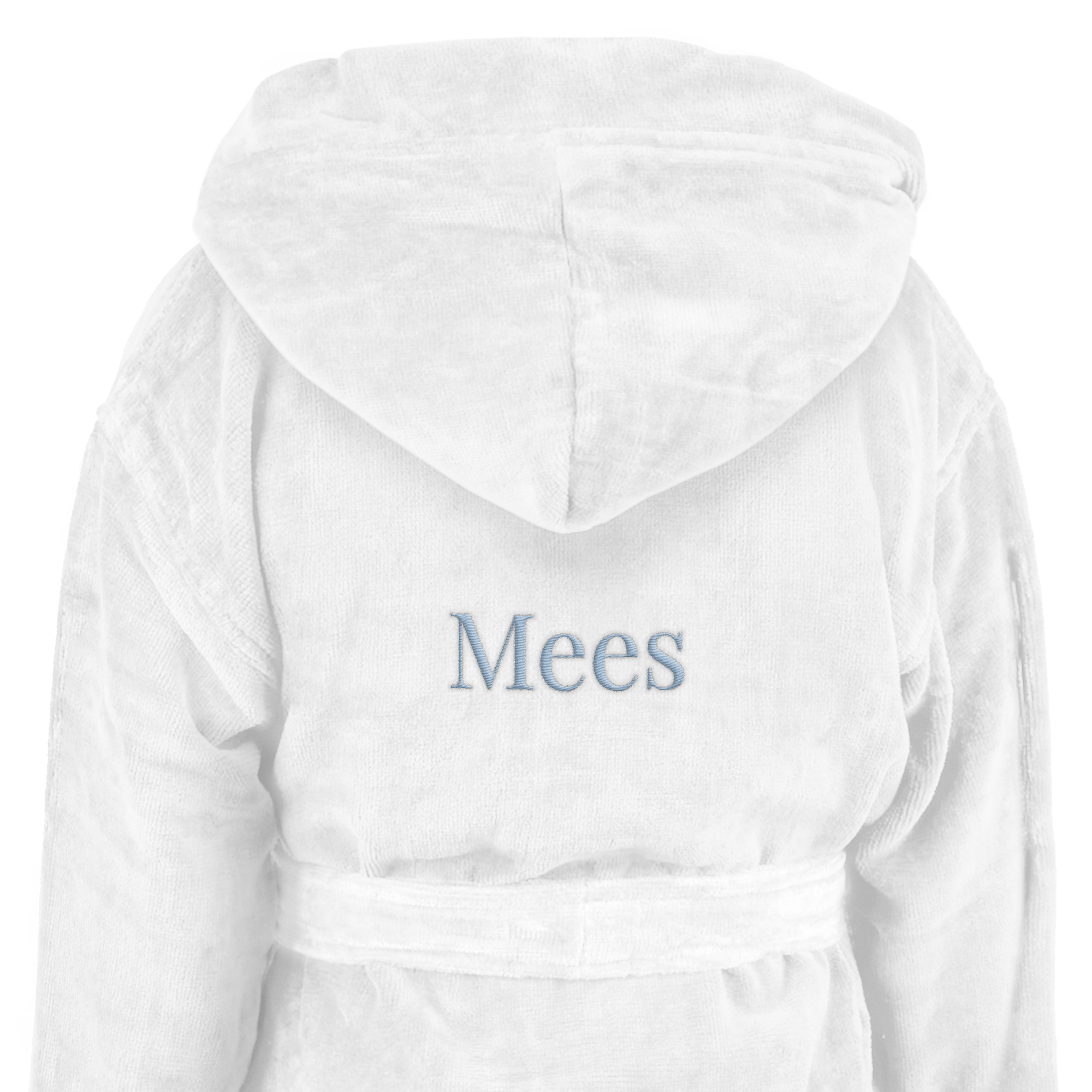 Witte kinderbadjas met capuchon, geborduurd met de naam Mees in het blauw, perfect als kinderbadjas met naam.