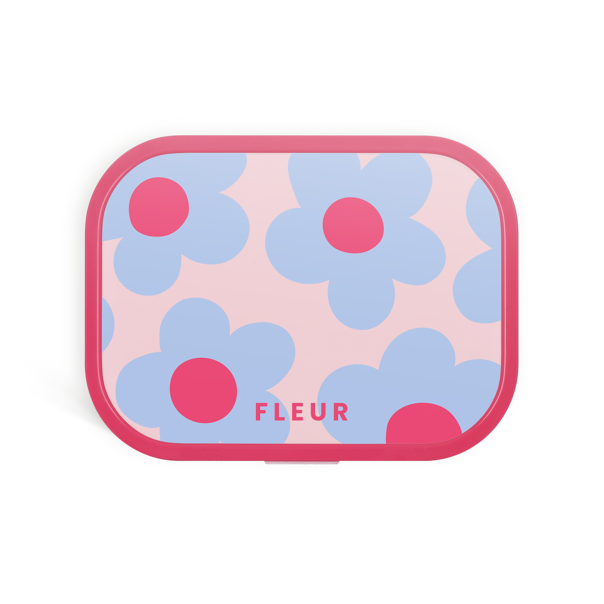 Roze Mepal lunchbox met blauwe bloemen en de naam Fleur erop, gepersonaliseerd met een naam voor elke lunch.