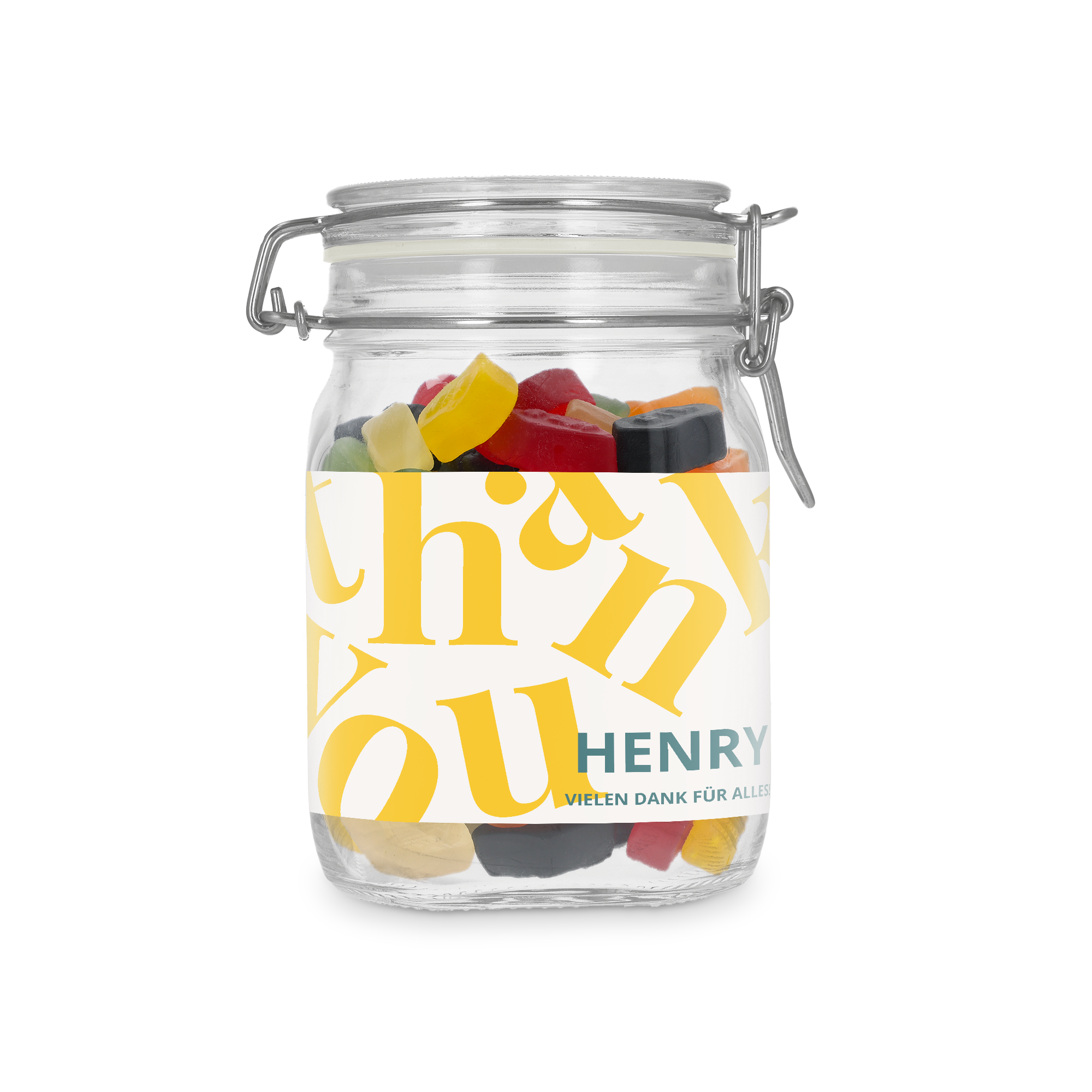Personalisiertes Bonbonglas mit Weingummi und "Thank You"-Aufdruck, bedruckt mit dem Namen Henry