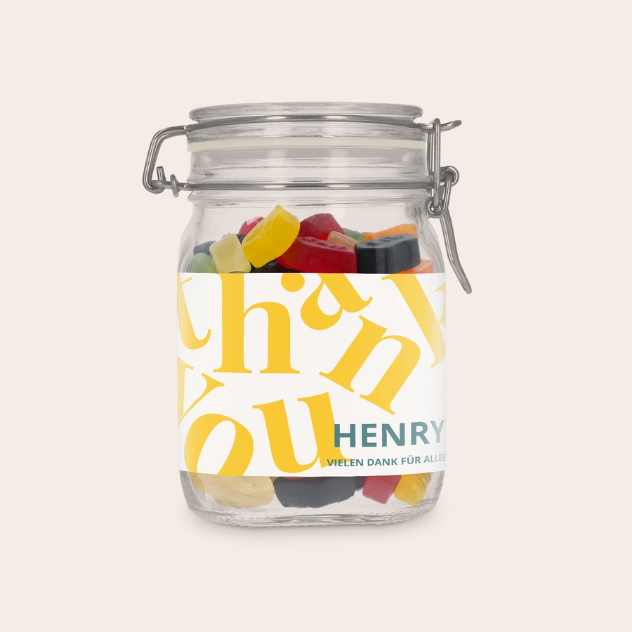 Personalisierte Bonbonglas Personalisiertes Bonbonglas mit Weingummi und "Thank You"-Aufdruck, bedruckt mit dem Namen Henry
