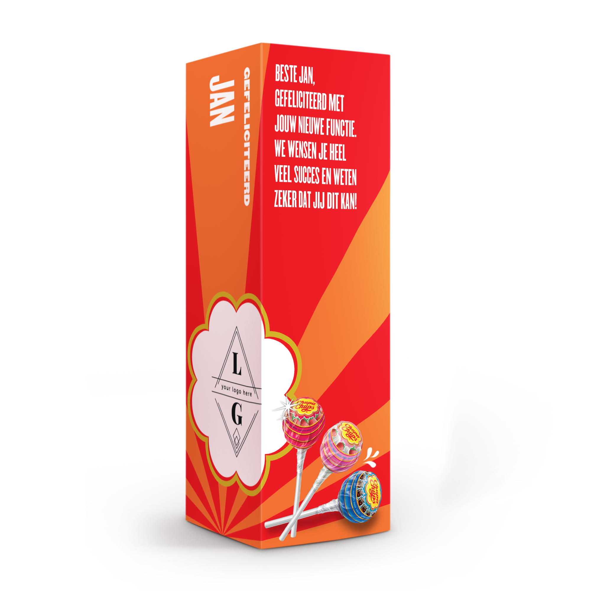 Gepersonaliseerde Chupa Chups-giftbox met Jan, felicitatietekst en logo.