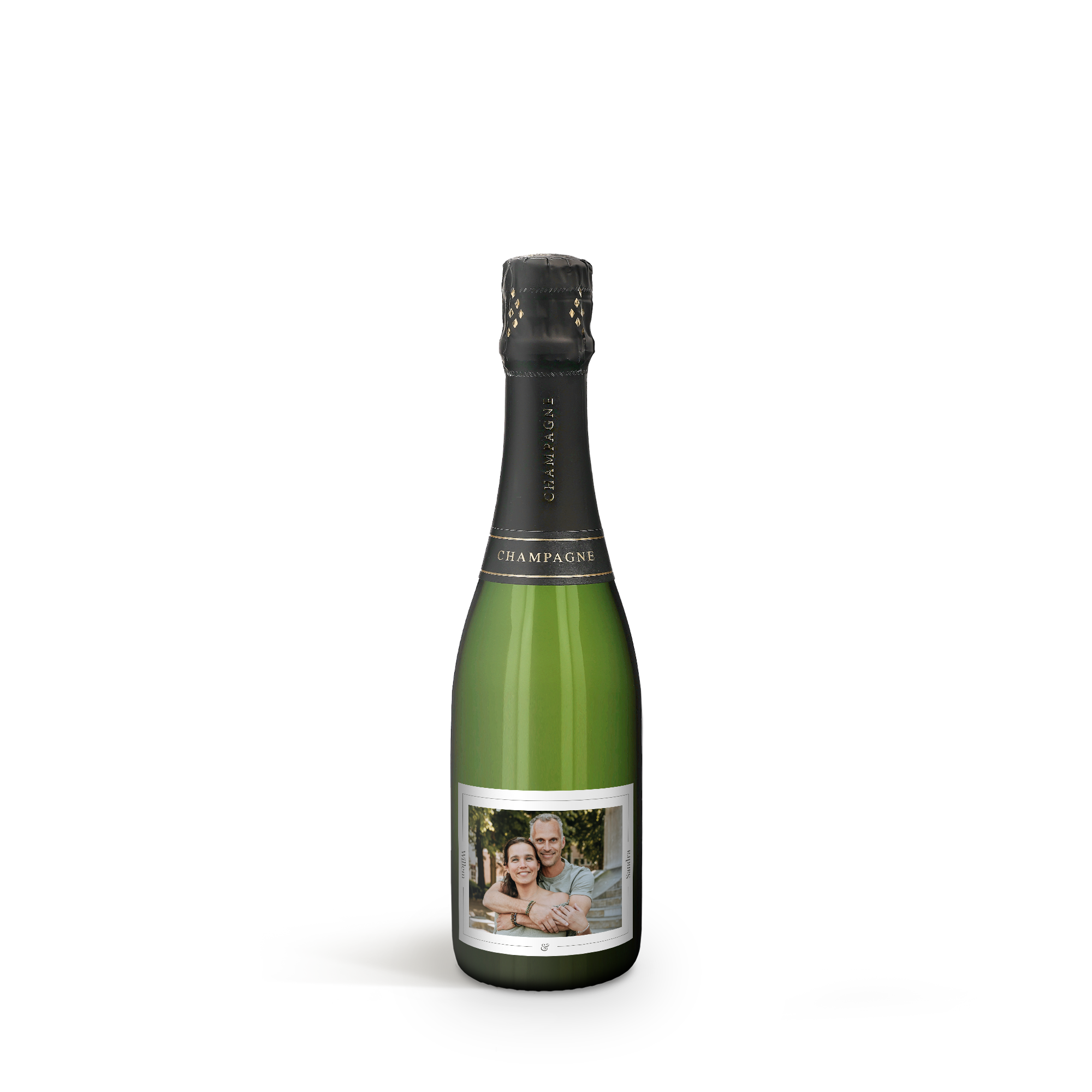 Fles champagne met eigen etiket, gepersonaliseerd met foto van Willem en Sandra