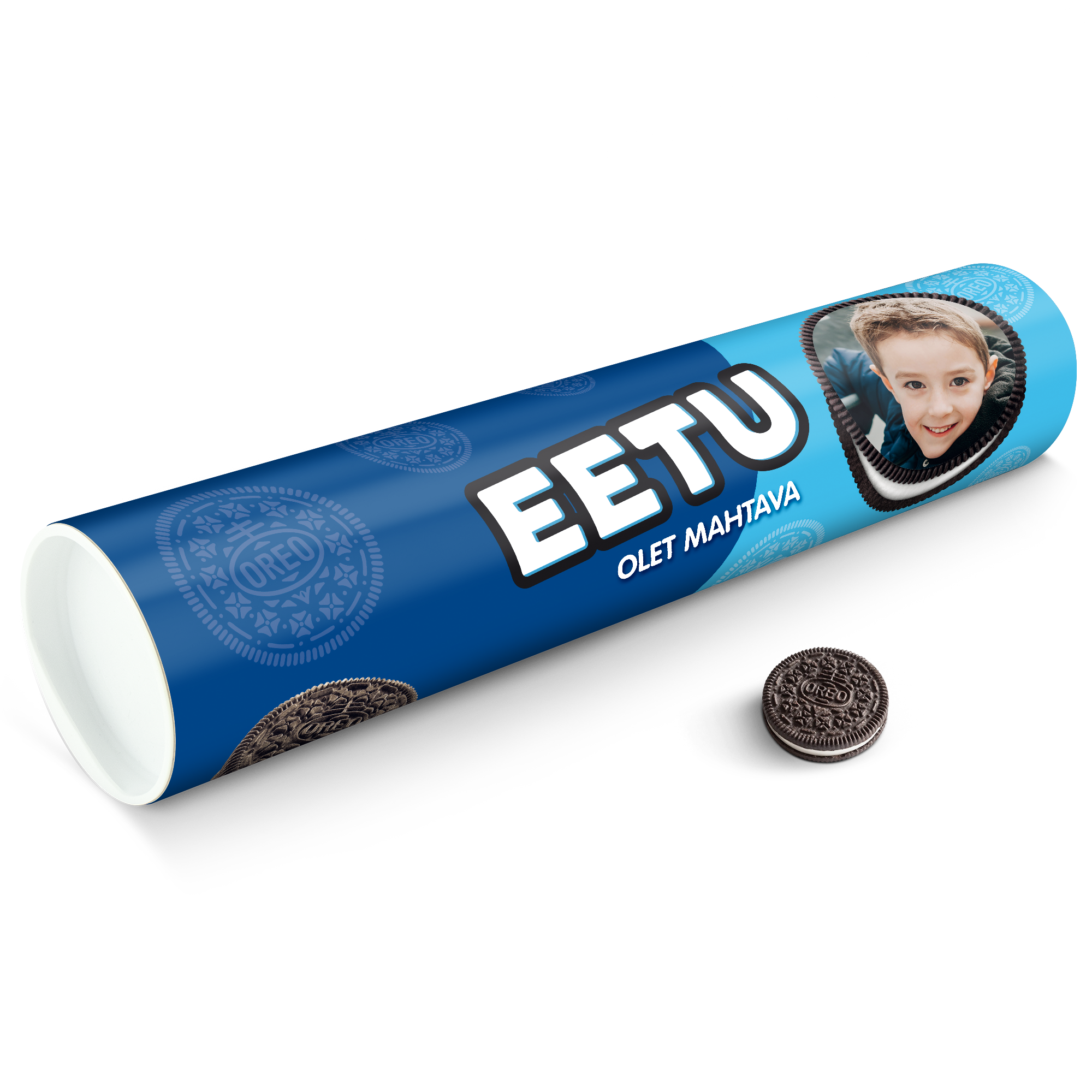 Mega Oreo -lahjaputki painatettuna kuvalla ja nimellä Eetu