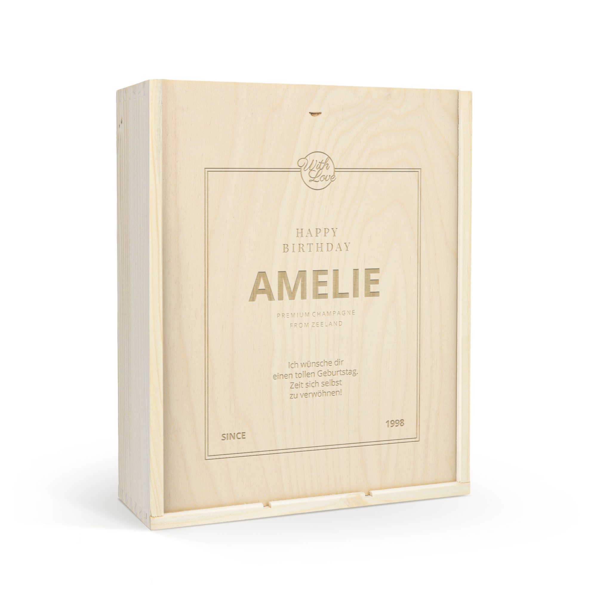 Gravierte Holzkiste mit Riondo Prosecco, personalisiert mit "Amelie", "Happy Birthday" und "Ich wünsche dir einen tollen Geburtstag"