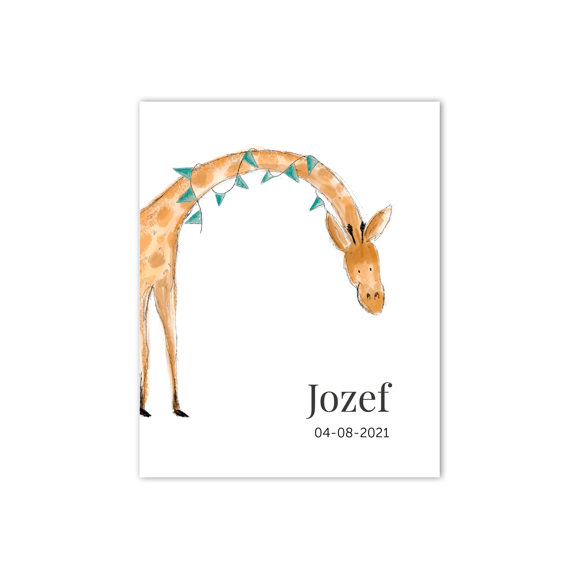 Detský narodeninový plagát s ilustráciou žirafy, menom Jozef a dátumom 04-08-2021
