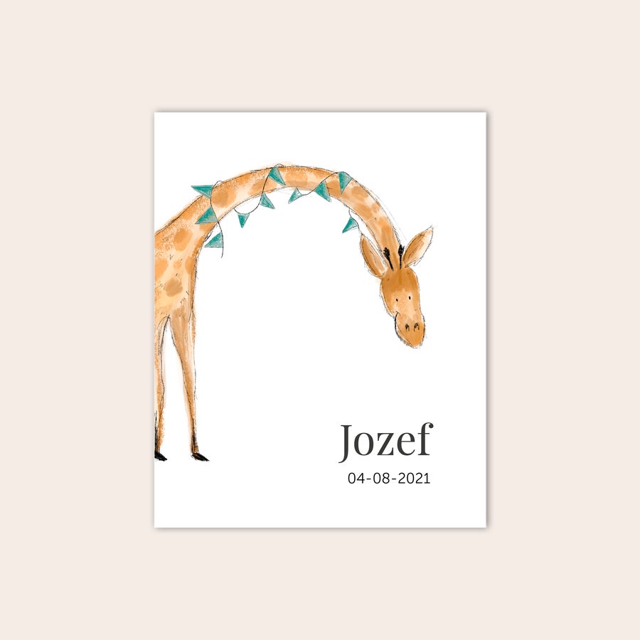 Baby narodenia plagát Detský narodeninový plagát s ilustráciou žirafy, menom Jozef a dátumom 04-08-2021