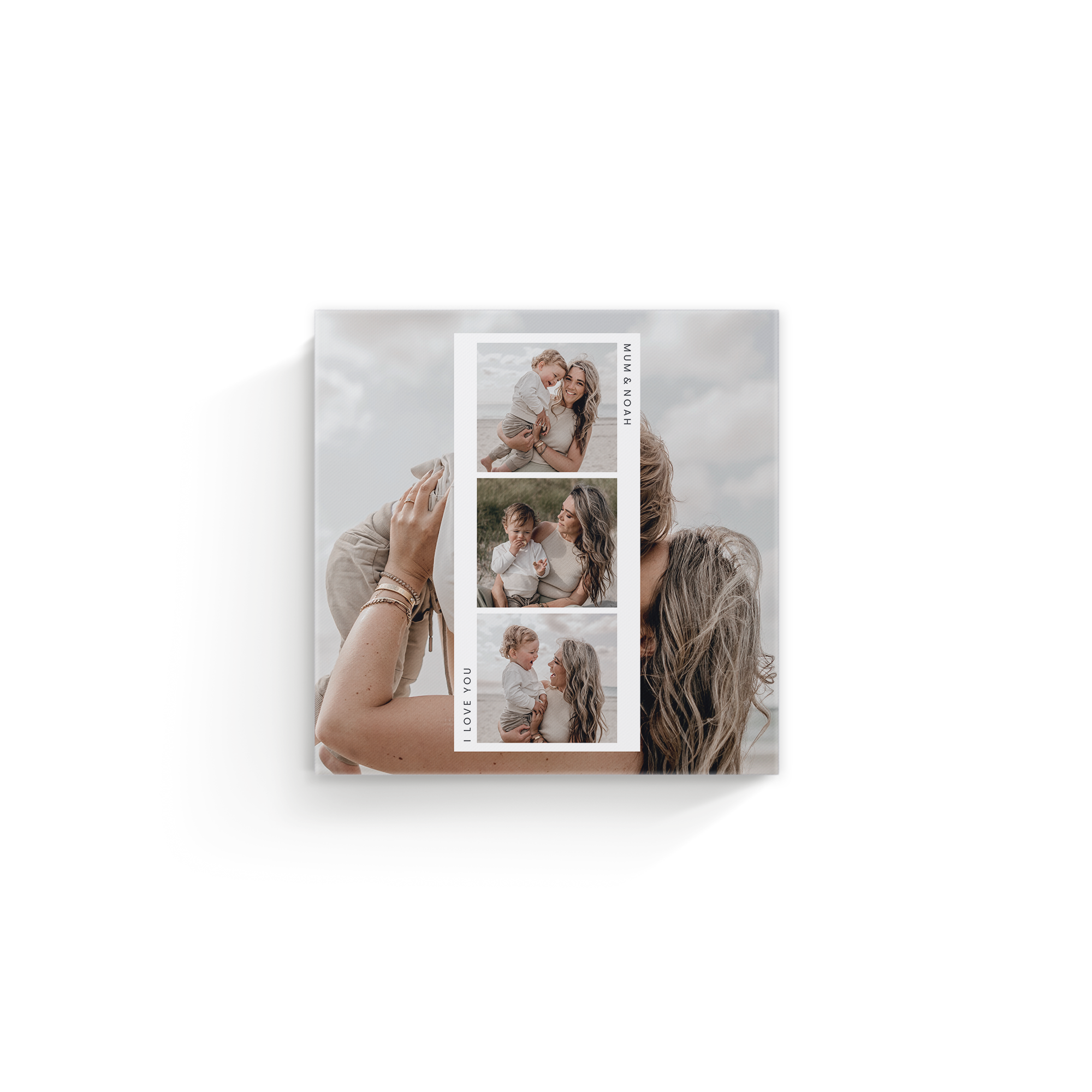 Foto em tela linnen personalizada com colagem de fotos e texto Mum & Noah e I Love You