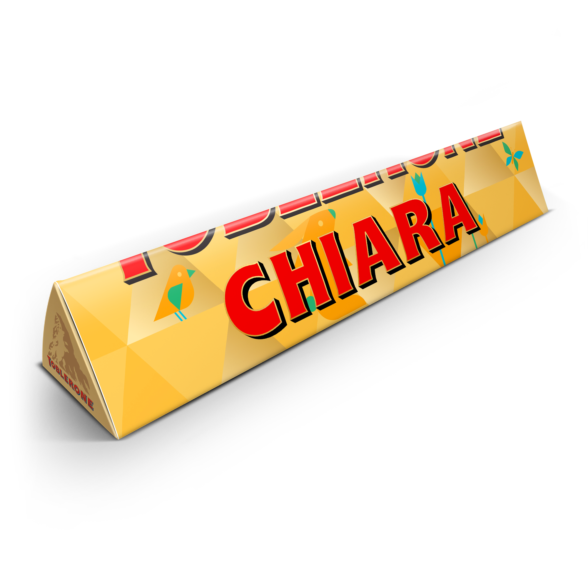 Delizioso Toblerone personalizzato per Pasqua con nome Chiara stampato e decorazioni pasquali