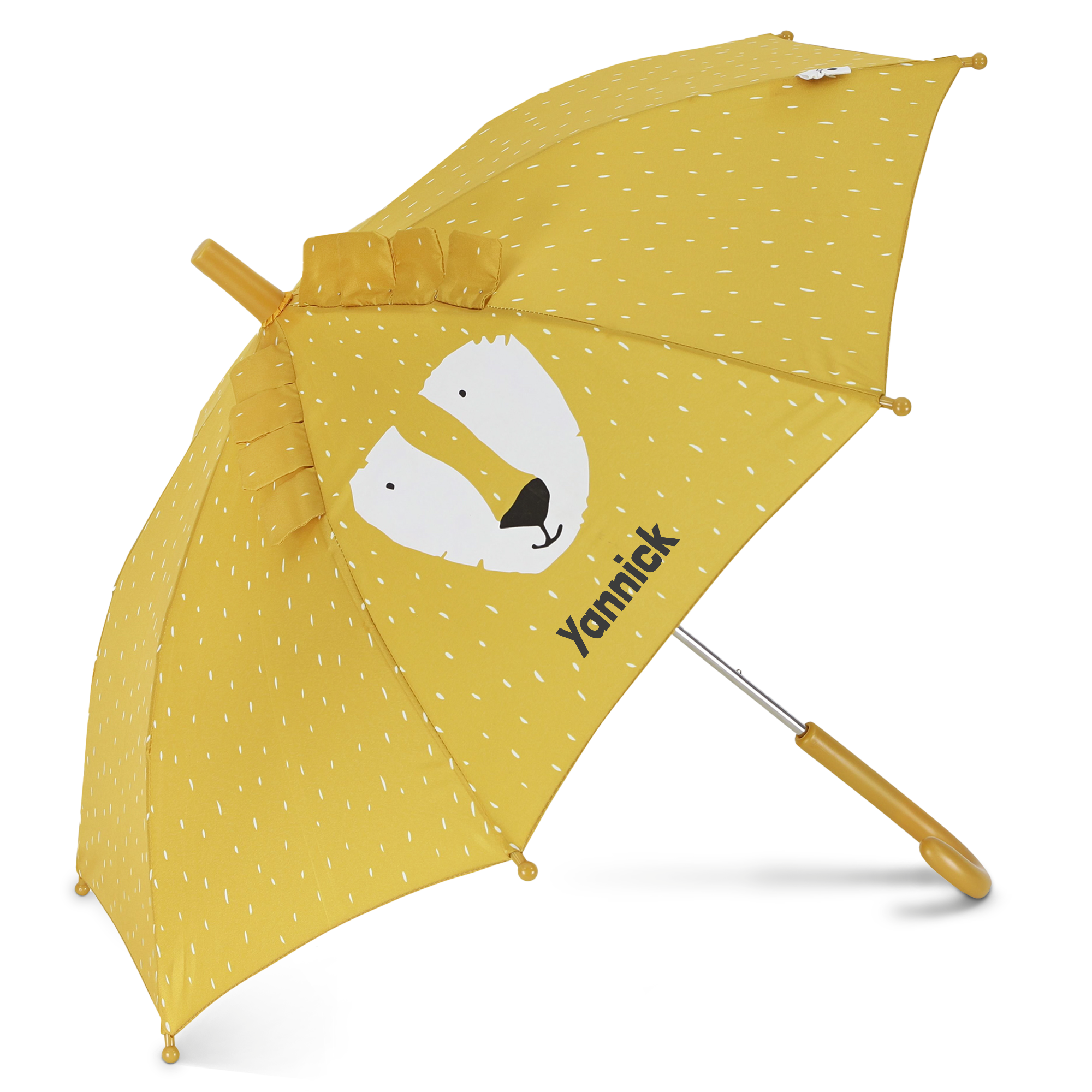 Parapluie enfant jaune lion imprimé avec le nom Yannick sera son moment préféré pour marcher sous la pluie