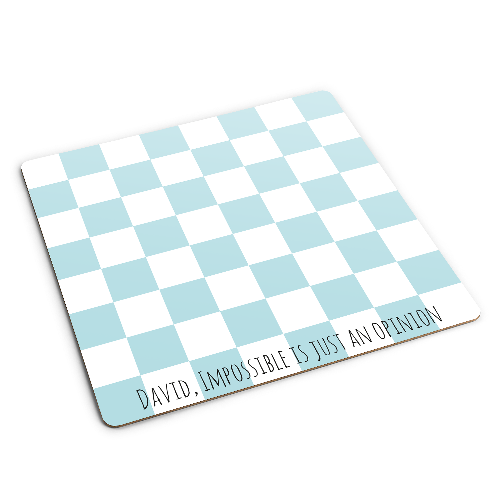 Regala un bel set di scacchi personalizzato con scacchiera bianca e azzurra e testo stampato David Impossible Is Just An Opinion