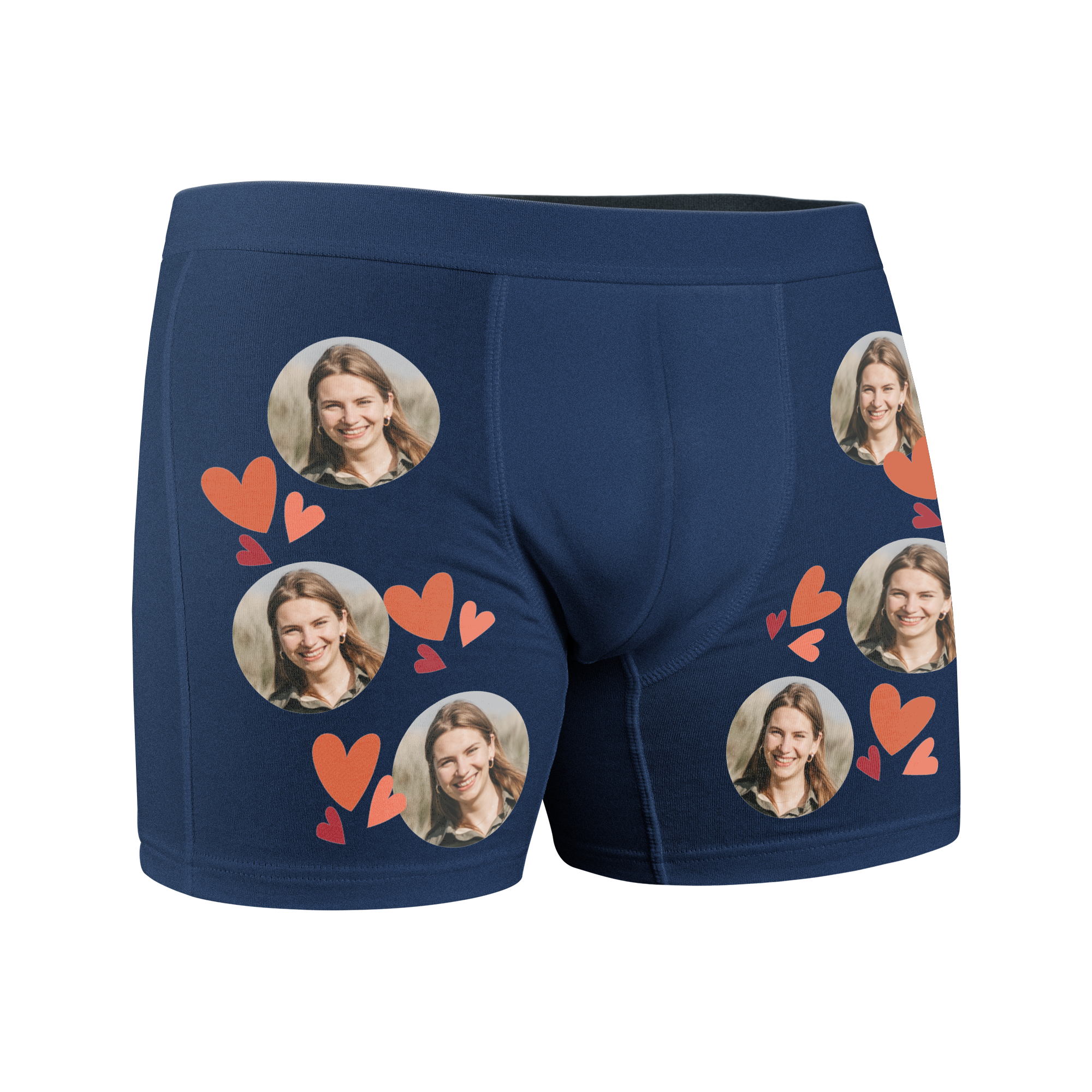 Blaue Unterhose mit Foto und Design bedrucken lassen, mit lächelnden Frauenfotos und roten Herzen