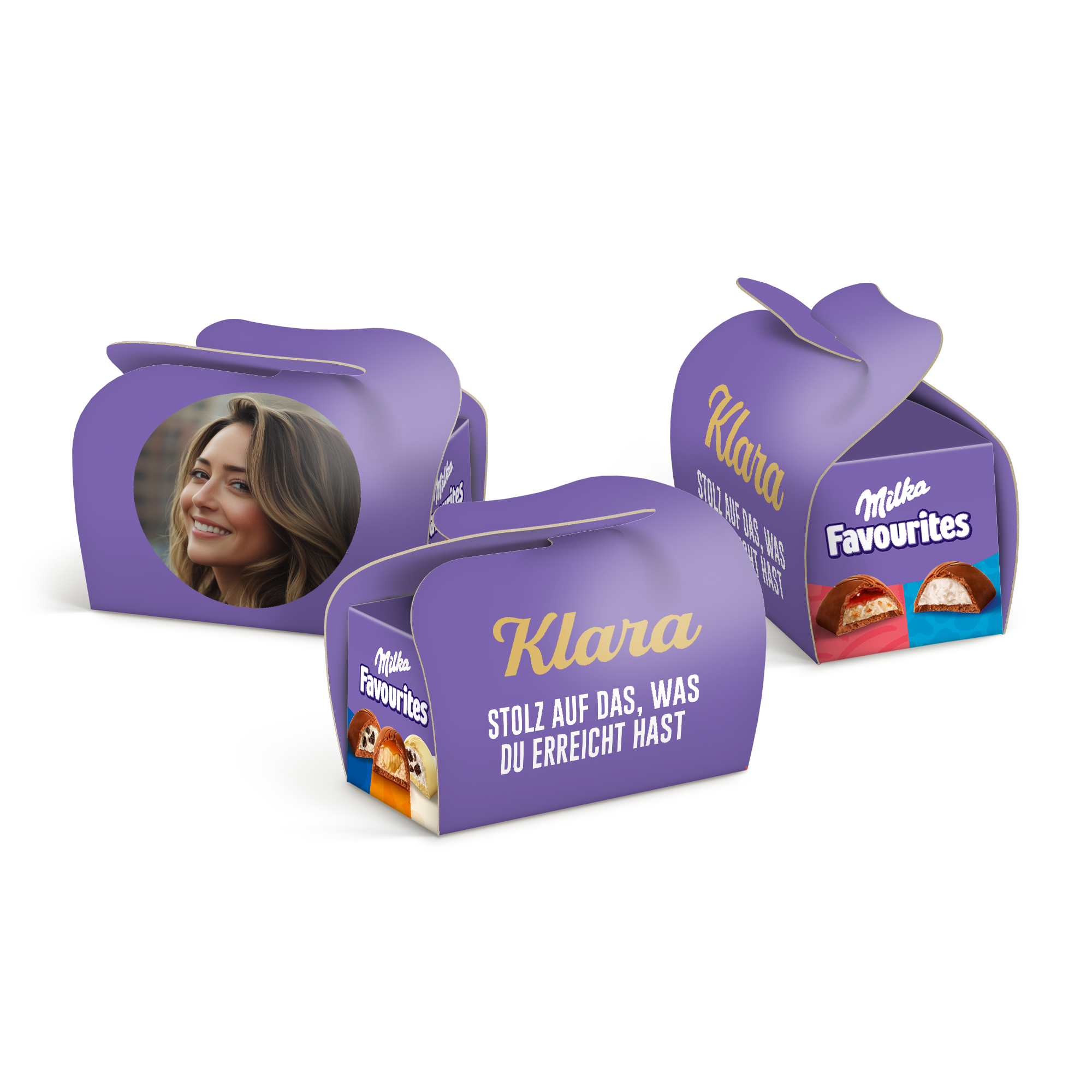 Personalisierte Milka Pralinenschachteln mit einem gedruckten Foto und dem Namen Klara, eine lila Freude nur für sie gemacht.