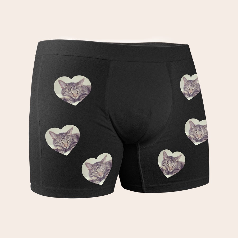 Boxer personnalisé Caleçon noir personnalisé pour homme avec des photos de chat imprimées en forme de cœur
