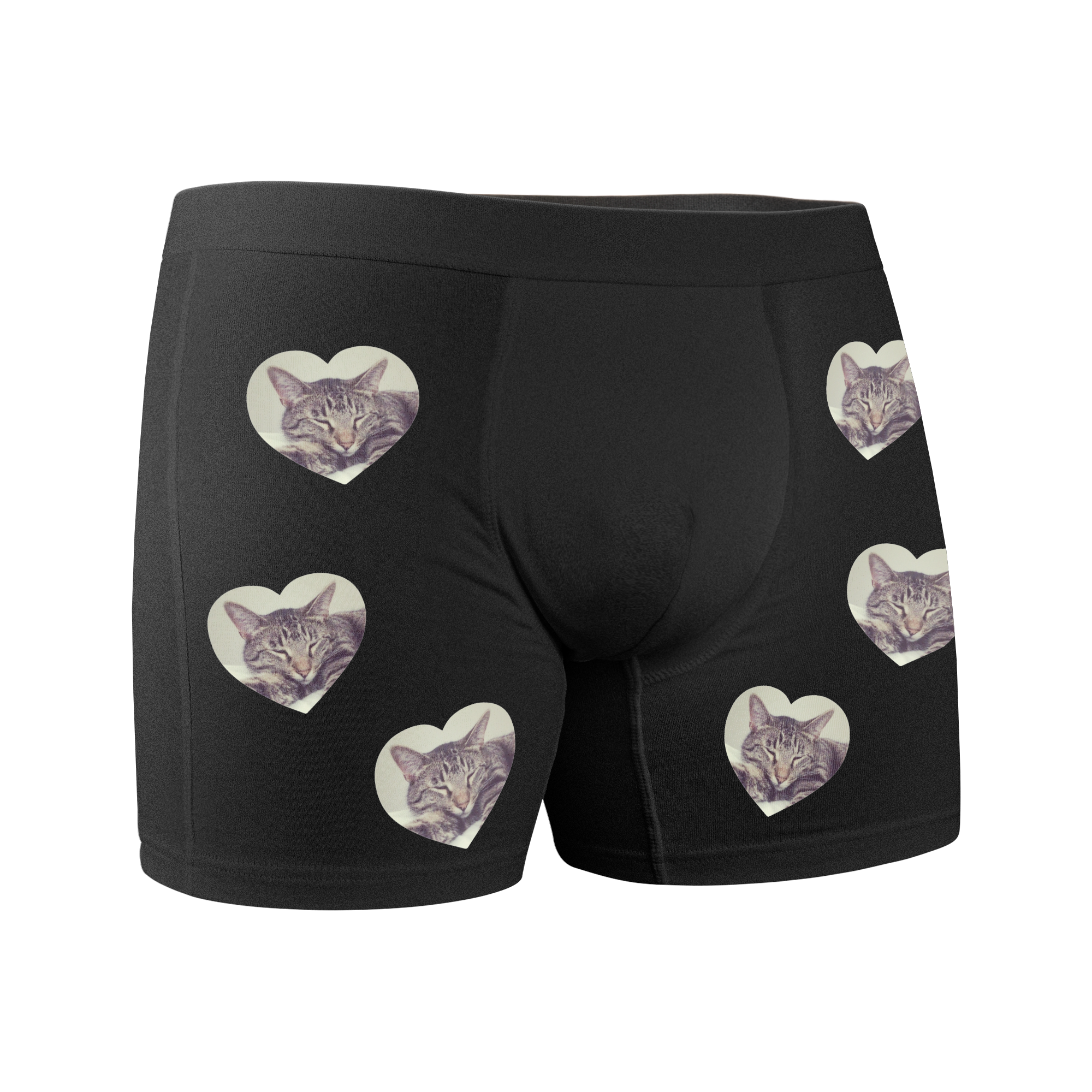 Black personalized boxer shorts flock printed with heart-shaped photos of a sleeping tabby cat