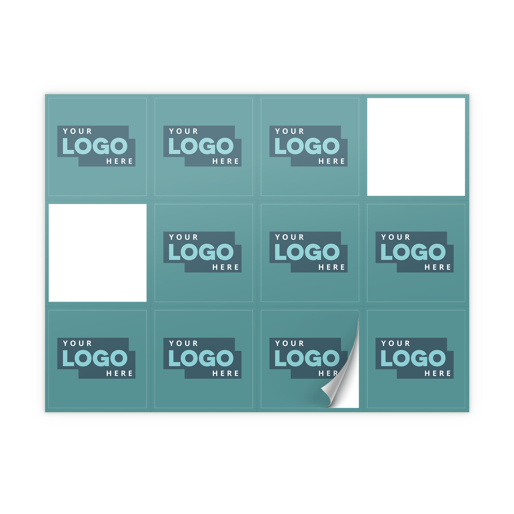 Arkkimaisia personoituja tarroja omalla logolla tai kuvalla. Tarrat ovat turkoosin sävyisiä ja niissä lukee "YOUR LOGO HERE".