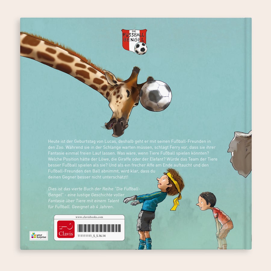 Buch Du und das Team der Tiere personalisieren Personalisiertes Kinderbuch Fußball Bengel mit einer Giraffe und einem Jungen, dessen Namen man ändern kann.