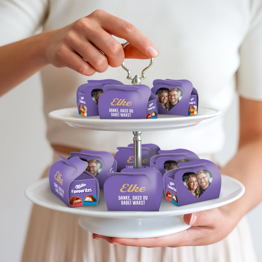 Milka Favourites Multipack-Geschenke – personalisiert Personalisierte lila Milka Pralinenschachteln mit Namen Elke und dem Text "DANKE, DASS DU DABEI WARST", sowie Fotos, Verschenke einen Hauch lila Freude, nur für sie gemacht.