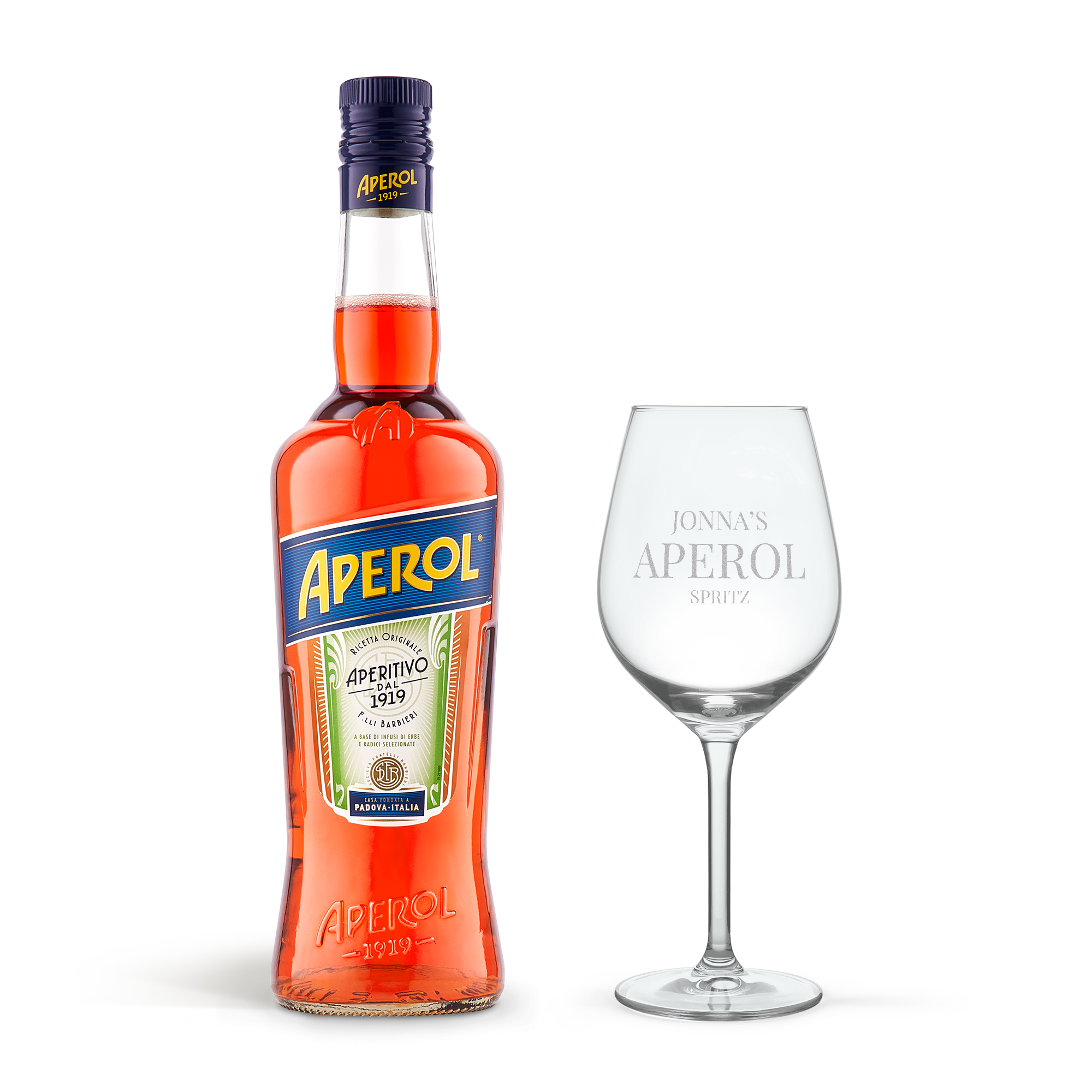 En flaska Aperol och ett graverat Aperol Spritz-glas, anpassat med texten "JONNAS APEROL SPRITZ", en perfekt present för att överraska dem.