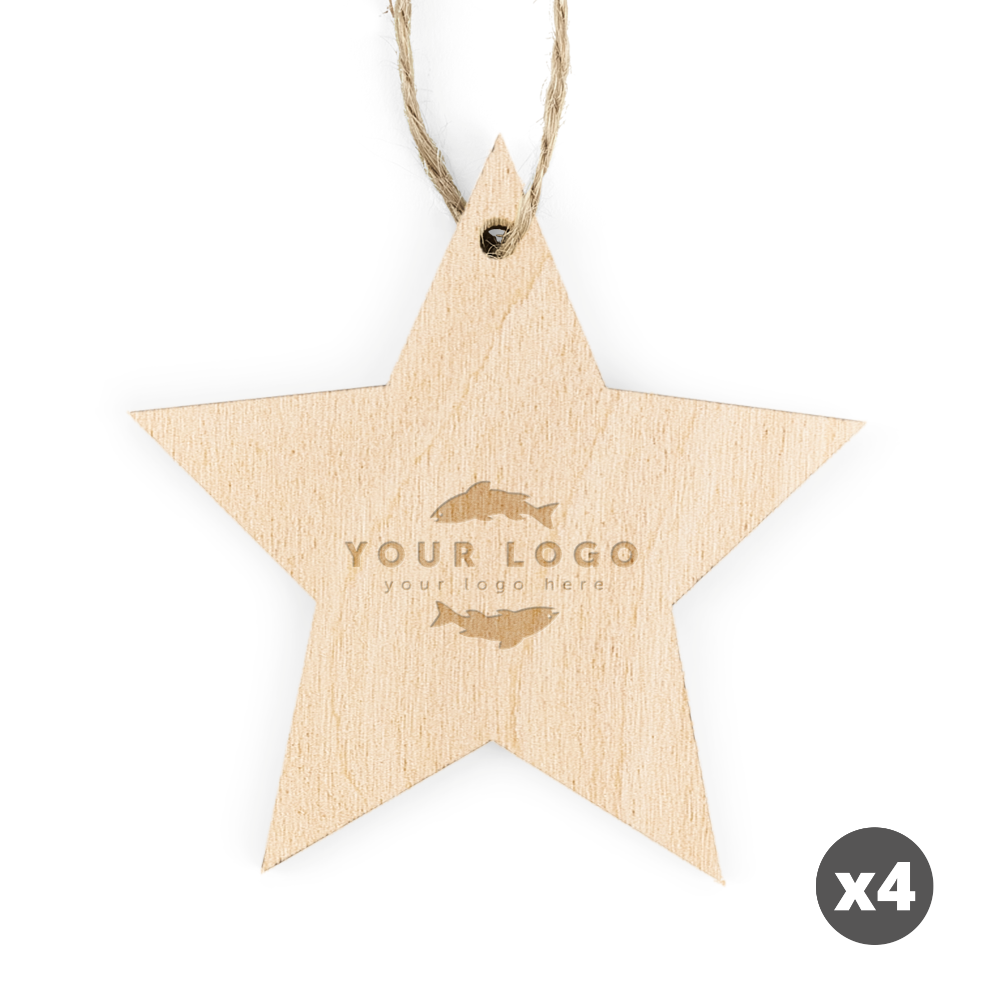Estrella de madera para árbol de Navidad, grabada con texto de personalización 'YOUR LOGO' y un nombre