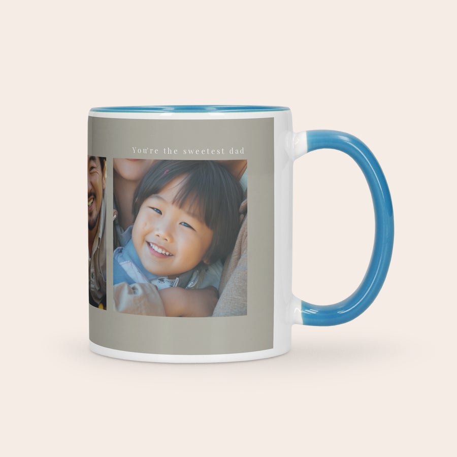 Custom Color Mug White and blue coloured mug printed with a photo of a child and text Youre the sweetest dad to give as a gift