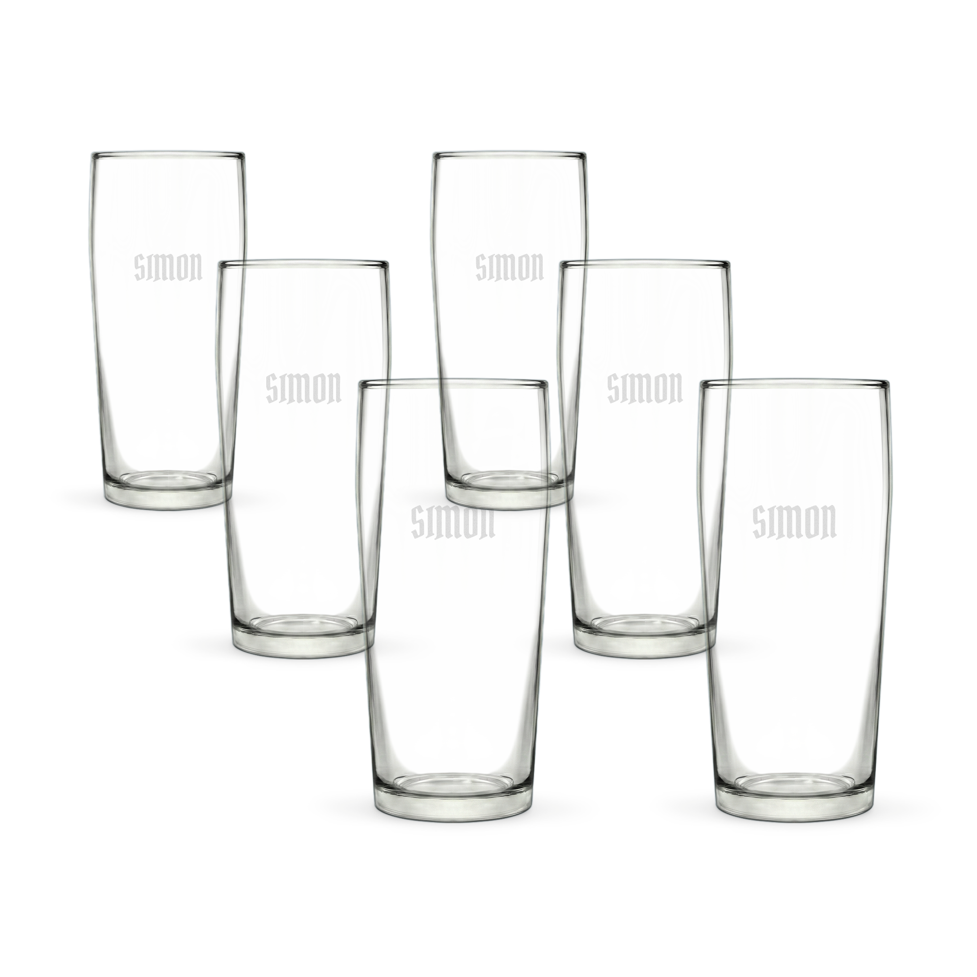 Sechs gravierte Mini-Biergläser mit dem personalisierten Namen Simon, ideal als Geschenk.