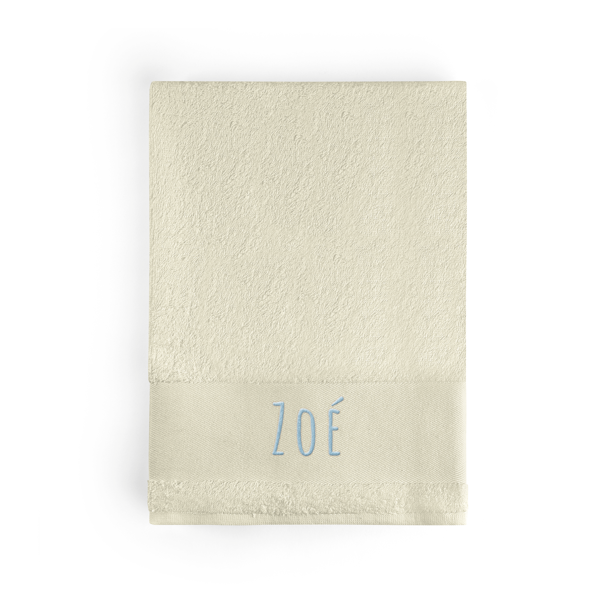 Serviette de bain personnalisée beige brodée du prénom Zoé en bleu