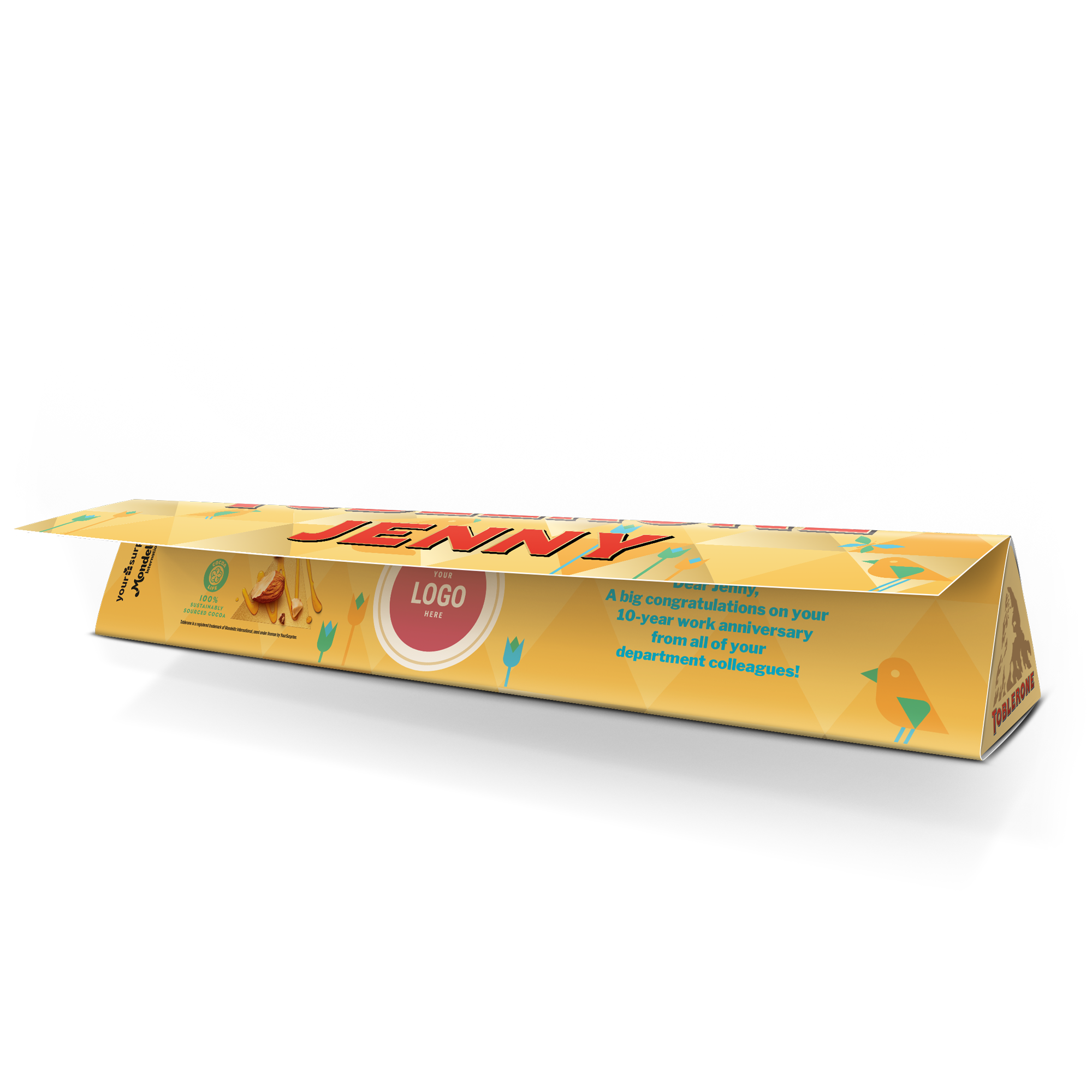 Uma barra de chocolate Toblerone personalizada para a Páscoa com o nome "Jenny" impresso na embalagem.