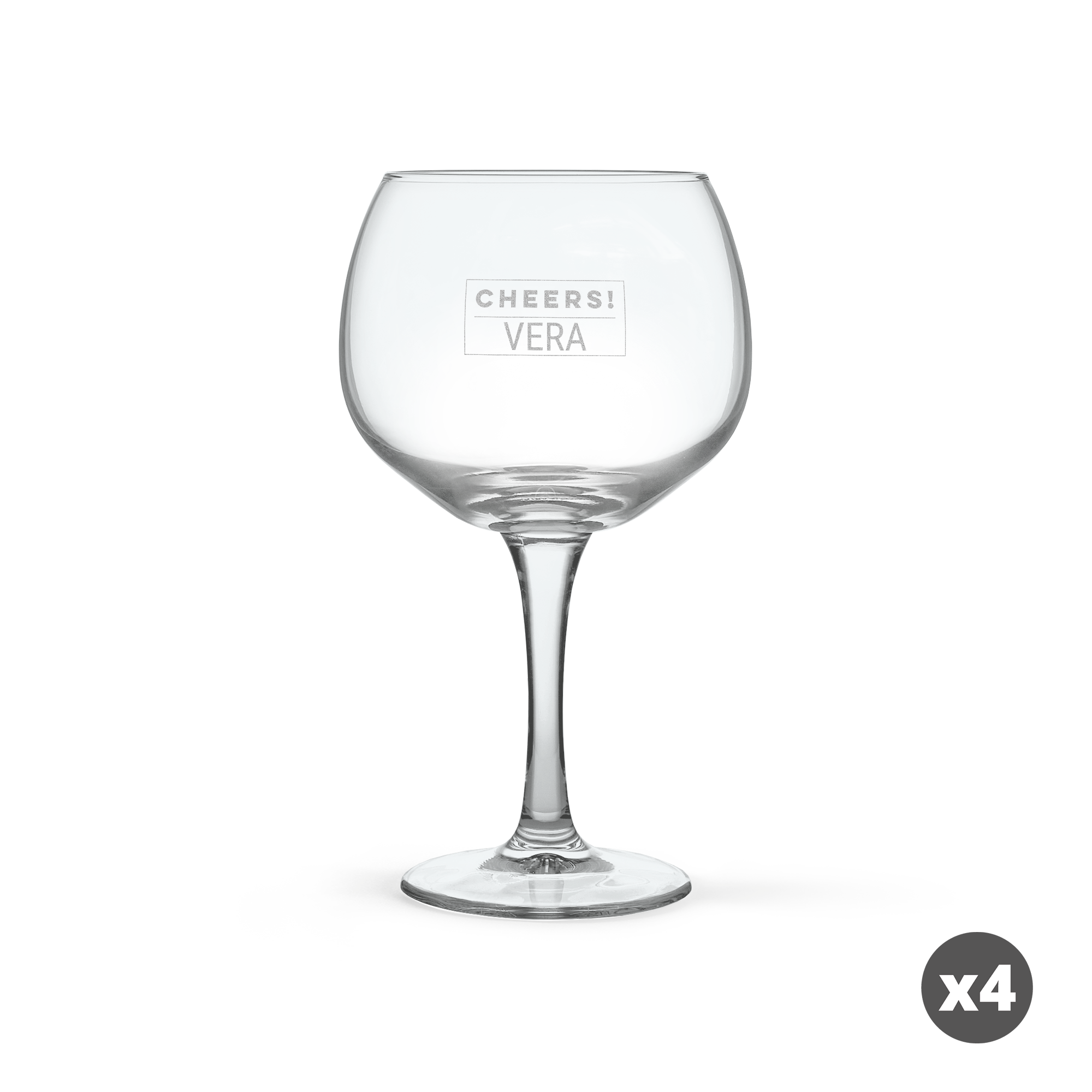 Gin-och-tonic-glas med "Cheers!" och namnet "Vera" graverat, för en personlig drinkupplevelse.
