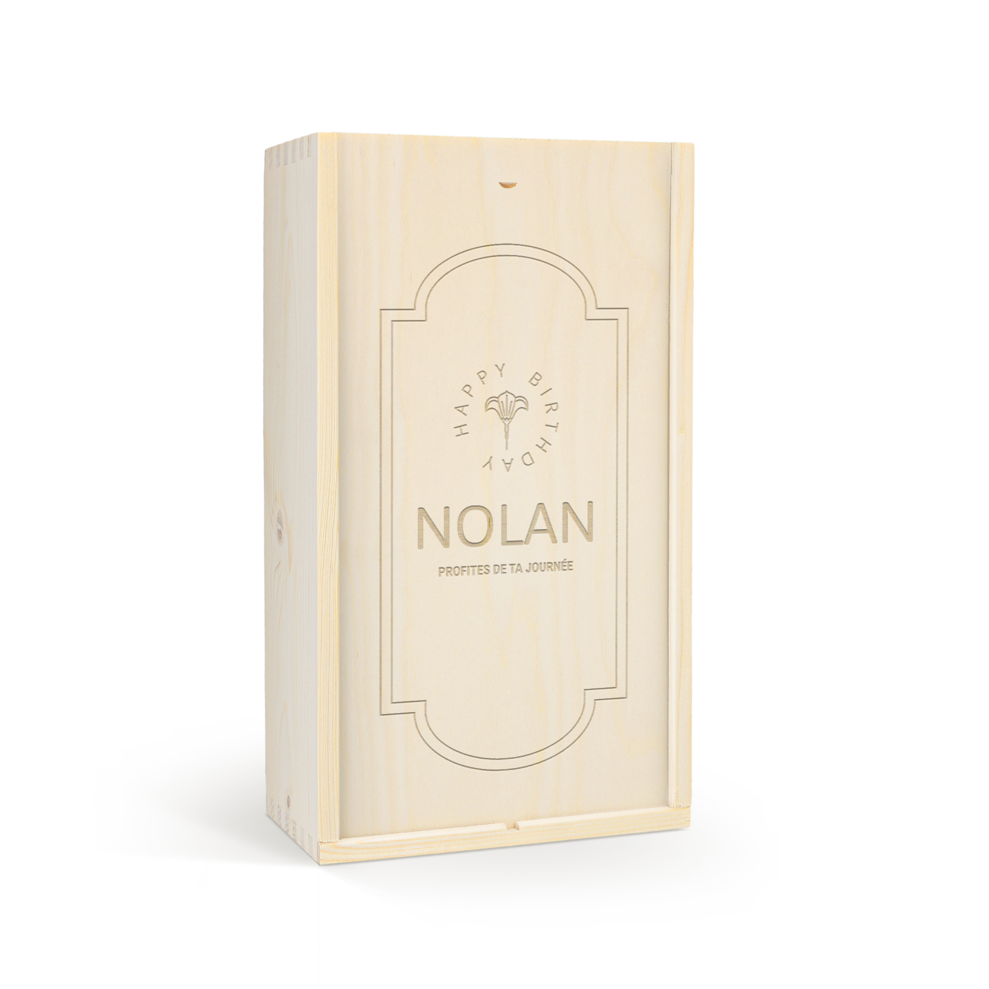 Caisse à vin de luxe gravée avec motif floral et texte Joyeux Anniversaire Nolan Profites de ta journée