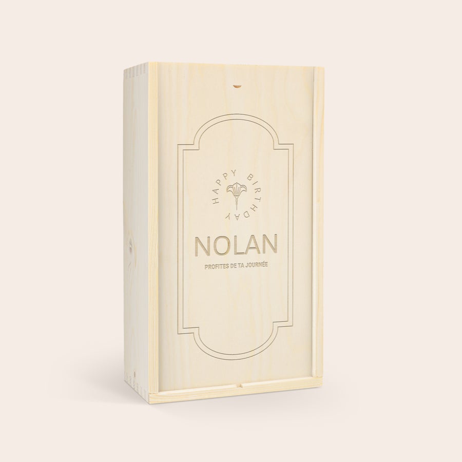 Caisse de vin personnalisée Caisse à vin de luxe gravée avec motif floral et texte Joyeux Anniversaire Nolan Profites de ta journée