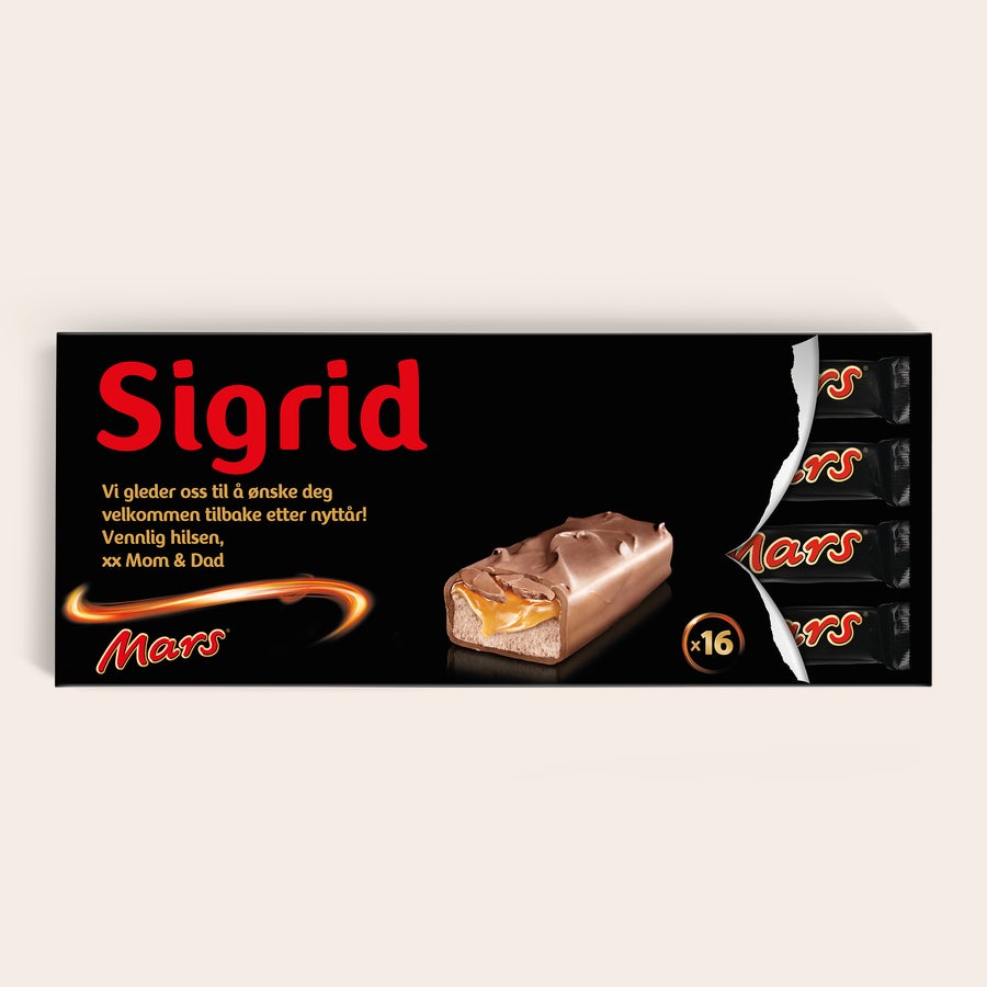 XXL Mars bar En personlig XXL Mars-sjokoladebar med "Sigrid" trykt på og en melding fra "Mom & Dad"