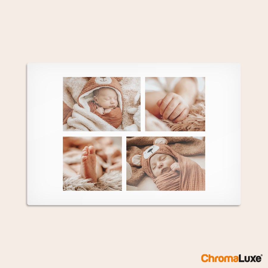 Aluminium fotopanel Chromaluxe aluminium fotoprint med 4 personlige fotos af en sovende baby, tager dine yndlingsminner med.