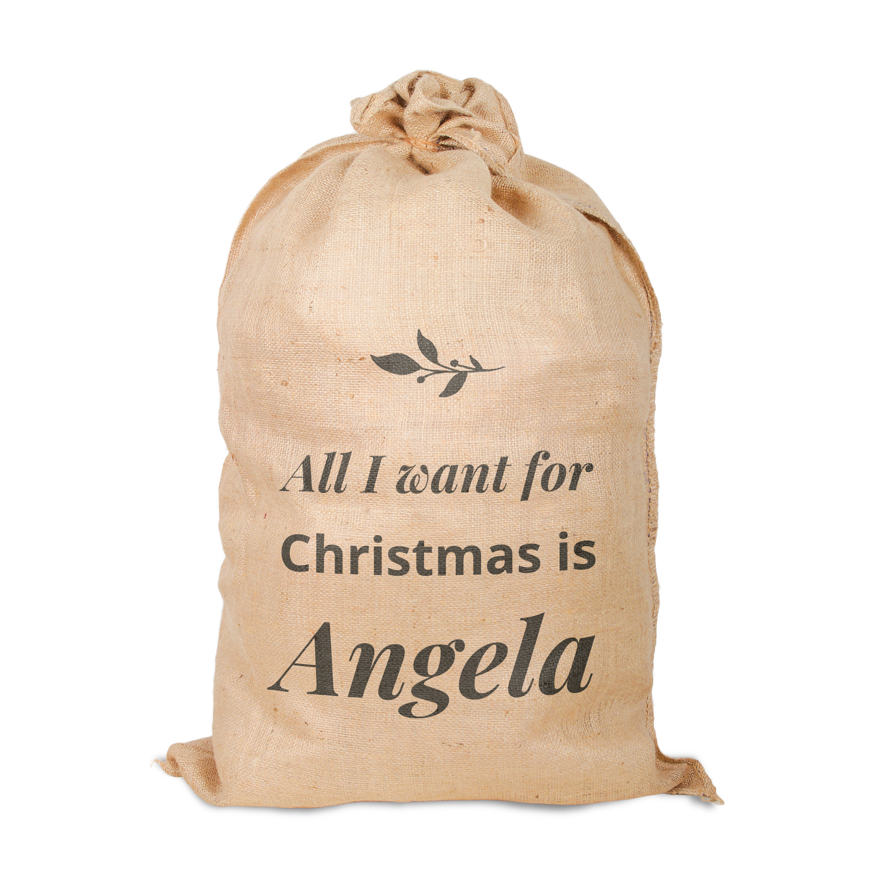 Unieke jute kerstzak bedrukt met de tekst All I want for Christmas is Angela en een takje.