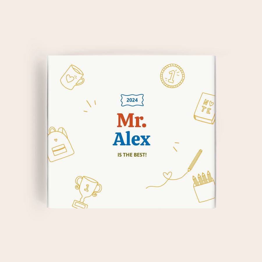 Milka Pralinky Pre učiteľa Personalizovaná darčeková krabička Milka pre učiteľa s nápisom Mr. Alex IS THE BEST a rokom 2024.