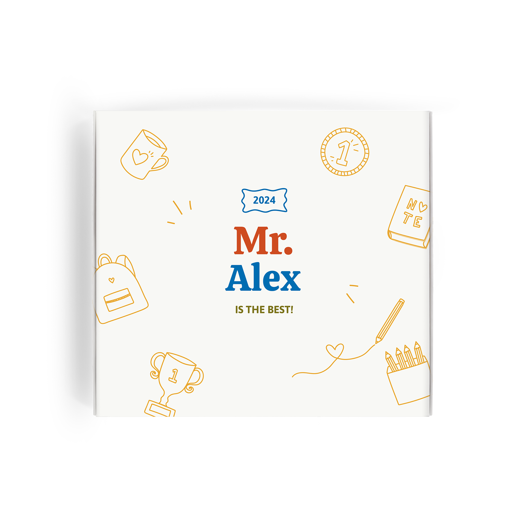 Caja regalo personalizada de Milka para profesor con el nombre "Mr. Alex" y el texto "IS THE BEST!".