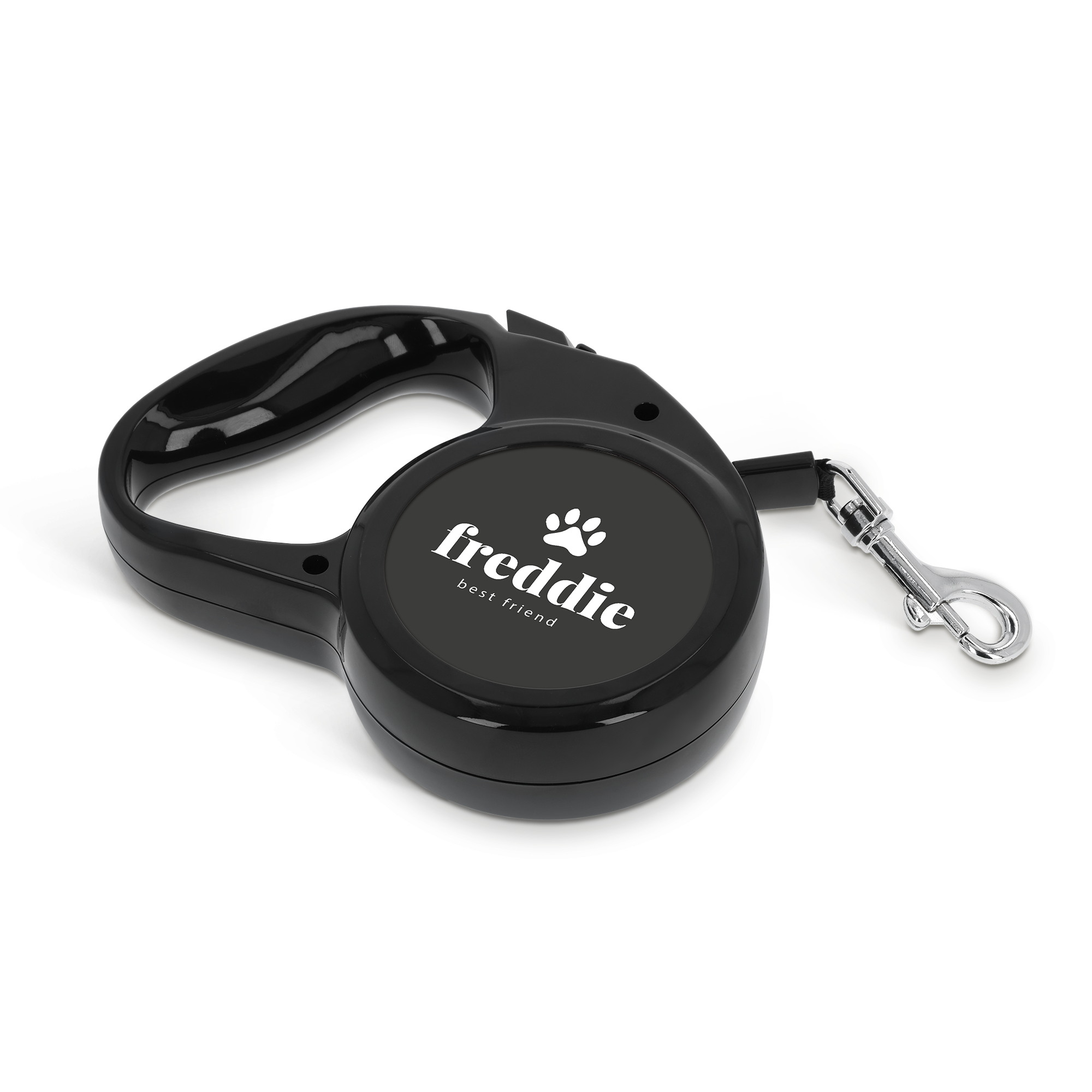 Black personalised dog lead with a printed name Freddie and a paw print on a round plate. Make every walk special.