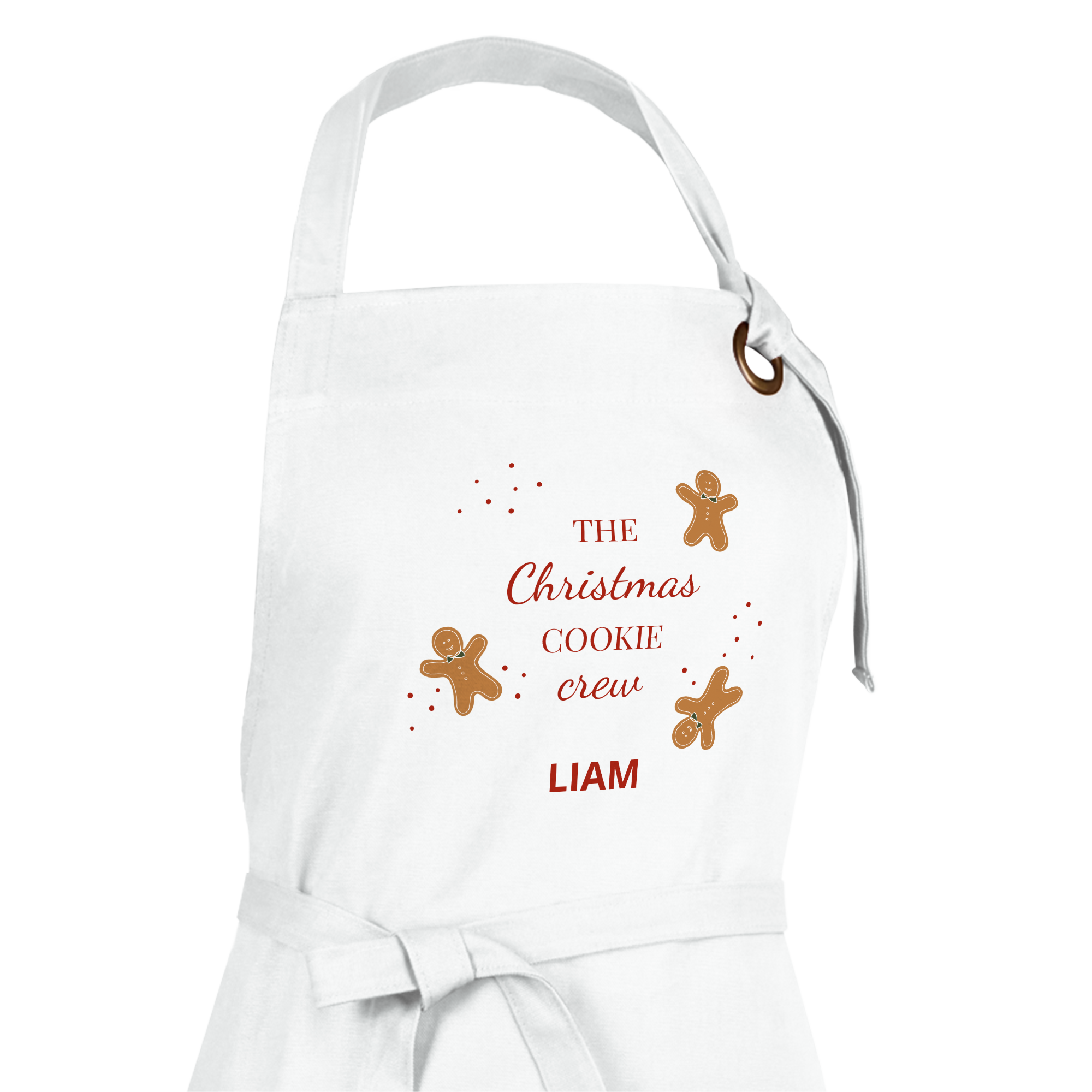 Grembiule da cucina bianco con testo "The Christmas Cookie Crew" e nome Liam, stampato con omini di pan di zenzero