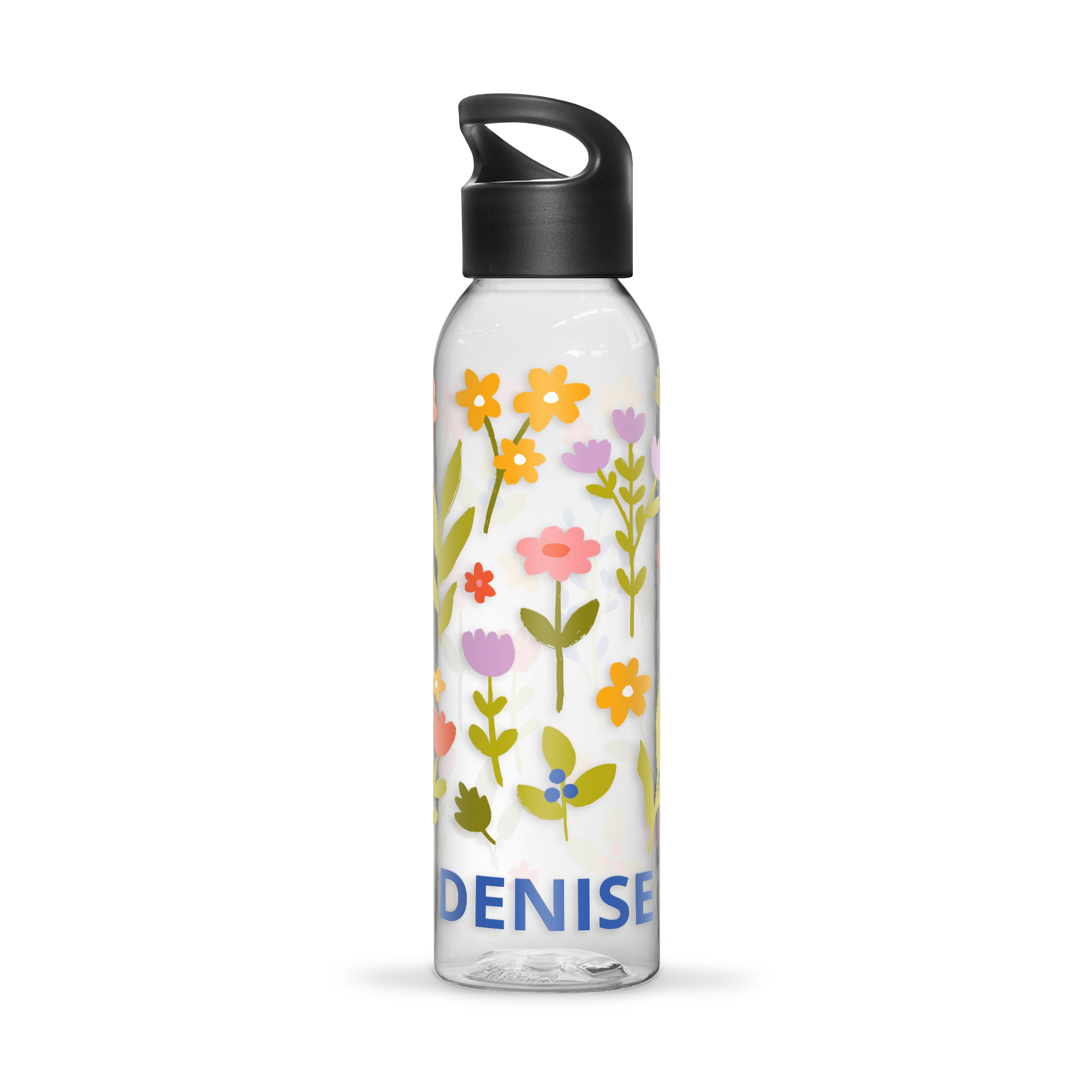 Transparante waterfles met kleurrijke bloemenprint en de naam 'DENISE', geprint met een uniek ontwerp.