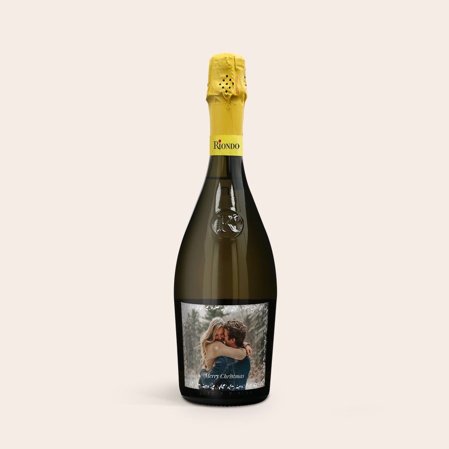 Riondo Prosecco Spumante Sticlă Riondo Prosecco Spumante cu etichetă personalizată imprimată cu o fotografie de cuplu și mesajul Merry Christmas